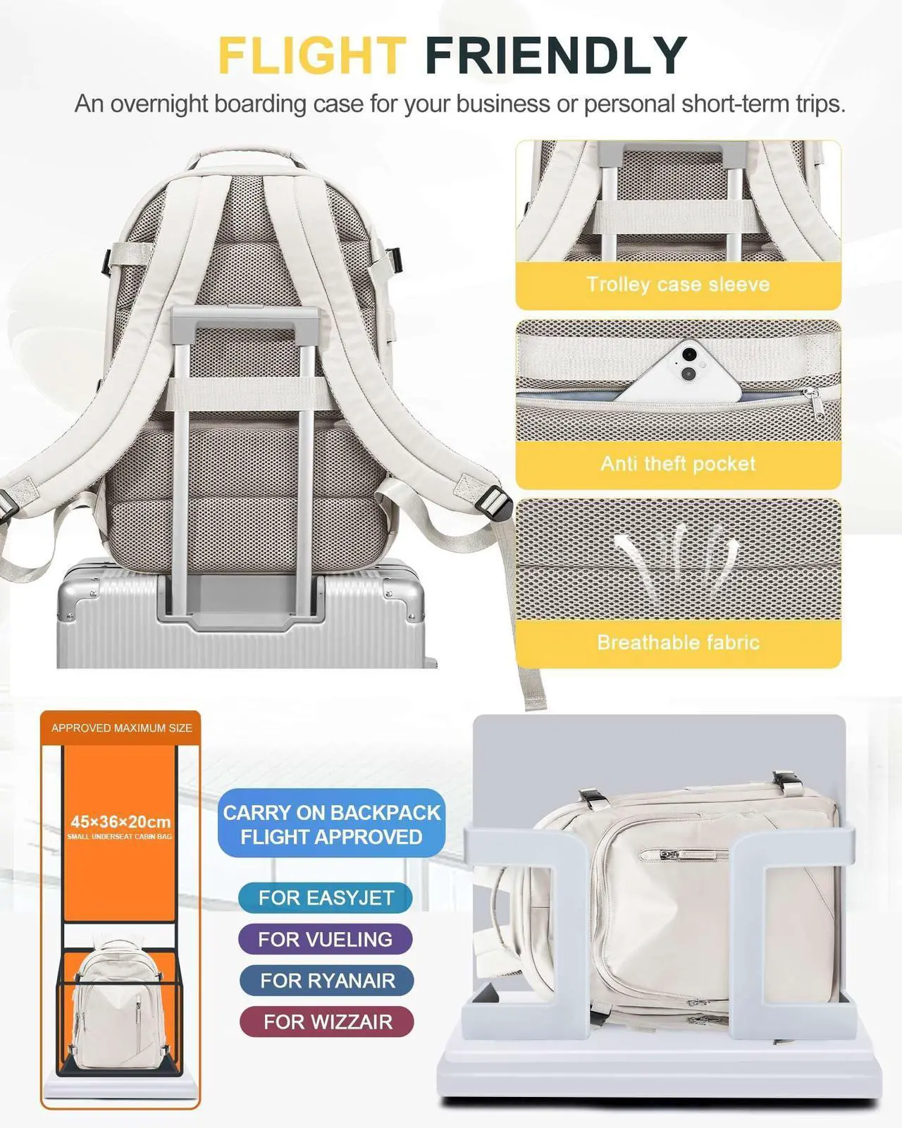 Alt view image 5 of 5 - Travel Backpack for Women Men, Waterproof Carry on Backpack for Flight Approved Personal Item Bag, Business Laptop Backpack with USB Charging for Hiking Gym with Shoe Compartment Casual Daypack White