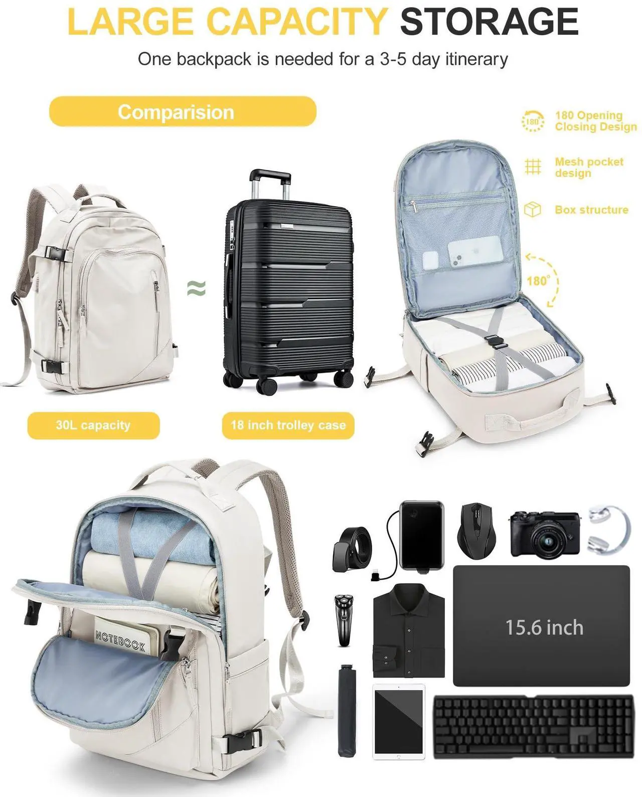 Alt view image 2 of 5 - Travel Backpack for Women Men, Waterproof Carry on Backpack for Flight Approved Personal Item Bag, Business Laptop Backpack with USB Charging for Hiking Gym with Shoe Compartment Casual Daypack White