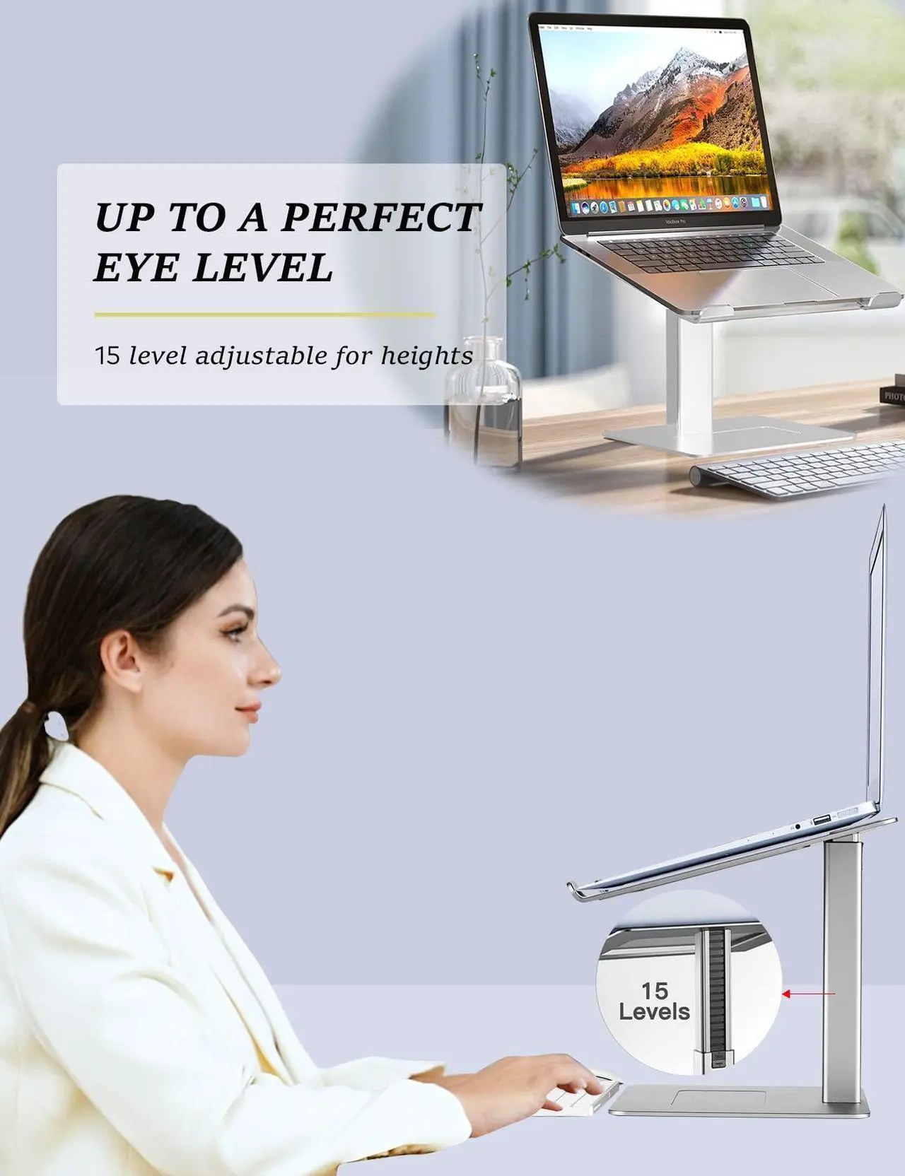 Alt view image 3 of 5 - DEEDRR Laptop Stand for Desk, Ergonomic Sitting and Standing Laptop Riser for Notebook MacBook 11-17 Inches,DJ Laptop Stand Adjustable Height from 7-15 Inches Aluminum(Silver)