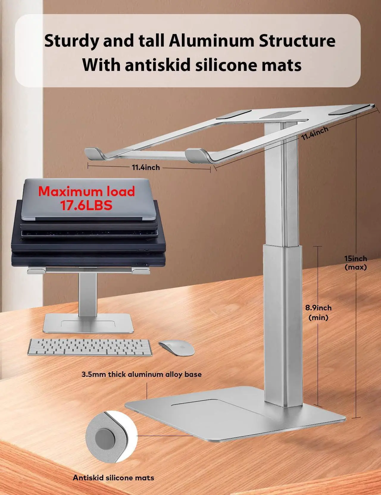 Alt view image 4 of 5 - DEEDRR Laptop Stand for Desk, Ergonomic Sitting and Standing Laptop Riser for Notebook MacBook 11-17 Inches,DJ Laptop Stand Adjustable Height from 7-15 Inches Aluminum(Silver)