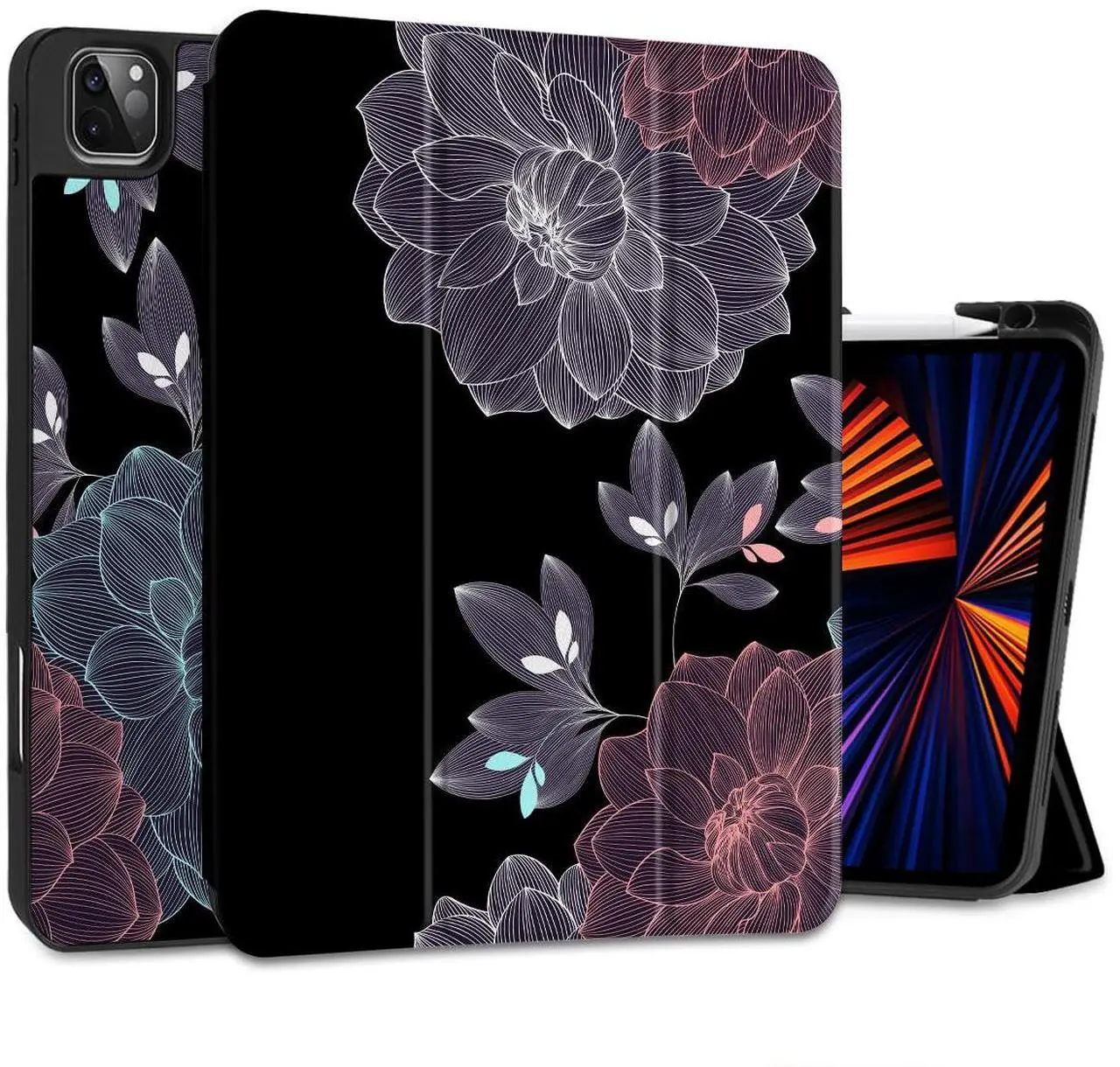 Main image of DONGKE Case for iPad Pro 12.9 inch 6th Generation 2022, Built-in Pencil Holder + Trifold Stand + Auto Wake/Sleep + Protective Cover for iPad Pro 12.9 5th/4th/3rd Gen - Elegant Flowers