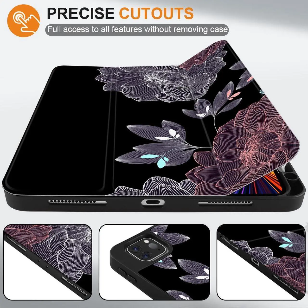 Alt view image 2 of 5 - DONGKE Case for iPad Pro 12.9 inch 6th Generation 2022, Built-in Pencil Holder + Trifold Stand + Auto Wake/Sleep + Protective Cover for iPad Pro 12.9 5th/4th/3rd Gen - Elegant Flowers