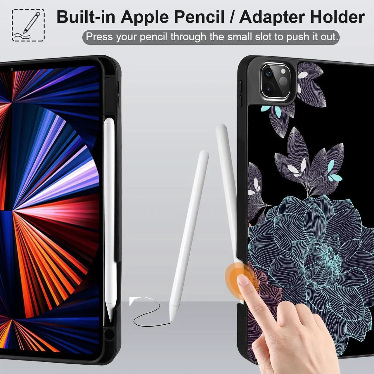 Alt view image 3 of 5 - DONGKE Case for iPad Pro 12.9 inch 6th Generation 2022, Built-in Pencil Holder + Trifold Stand + Auto Wake/Sleep + Protective Cover for iPad Pro 12.9 5th/4th/3rd Gen - Elegant Flowers