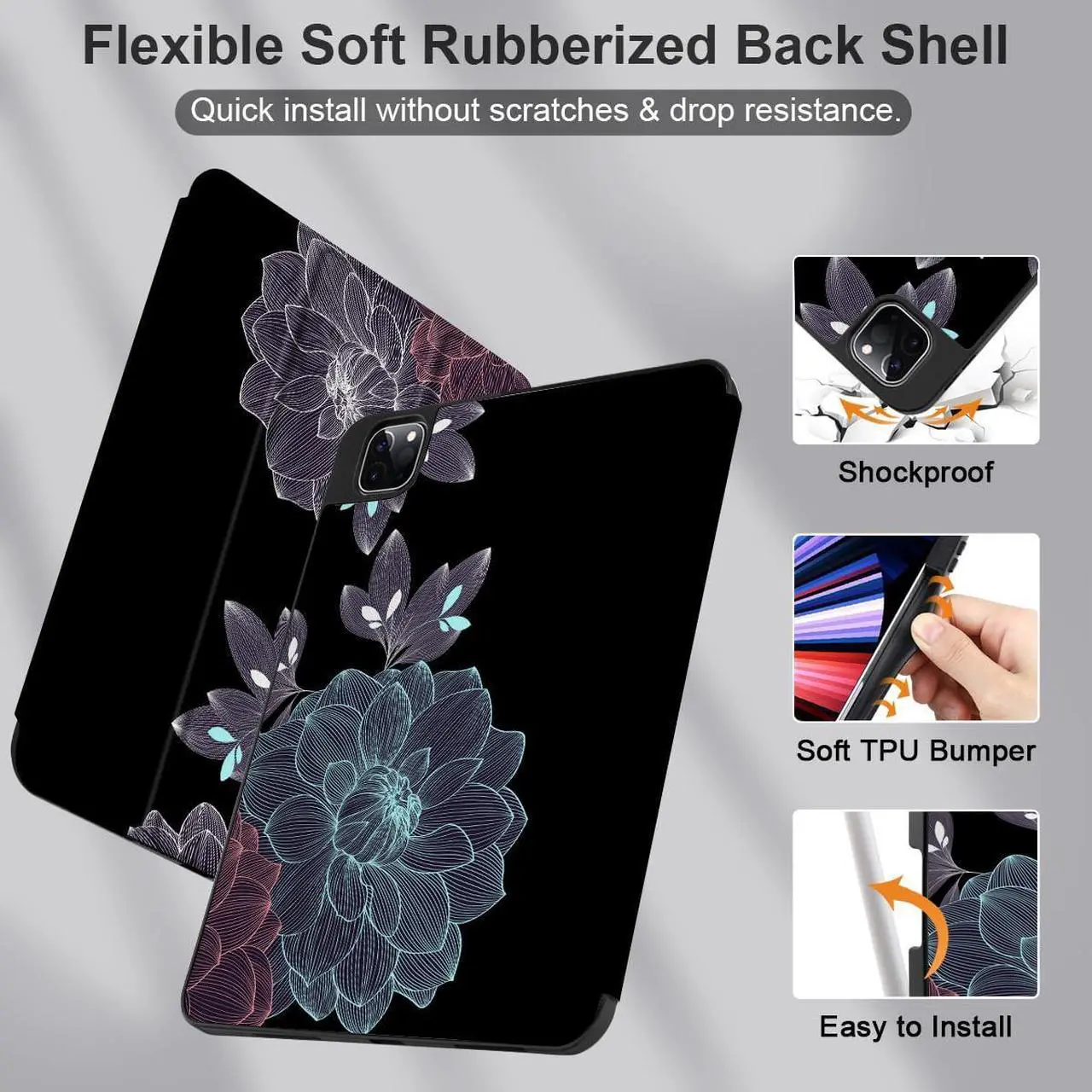 Alt view image 4 of 5 - DONGKE Case for iPad Pro 12.9 inch 6th Generation 2022, Built-in Pencil Holder + Trifold Stand + Auto Wake/Sleep + Protective Cover for iPad Pro 12.9 5th/4th/3rd Gen - Elegant Flowers