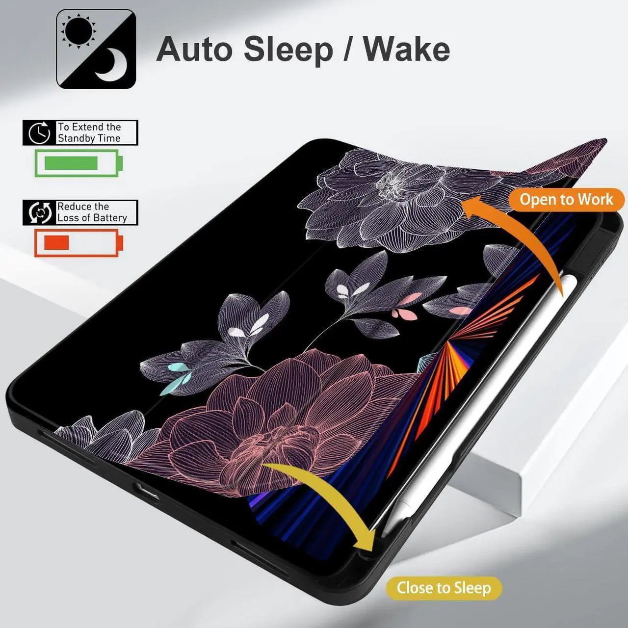Alt view image 5 of 5 - DONGKE Case for iPad Pro 12.9 inch 6th Generation 2022, Built-in Pencil Holder + Trifold Stand + Auto Wake/Sleep + Protective Cover for iPad Pro 12.9 5th/4th/3rd Gen - Elegant Flowers