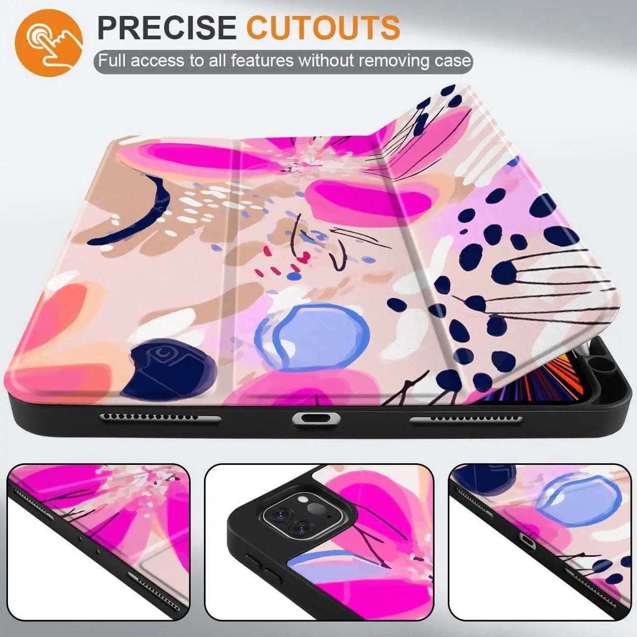 Alt view image 2 of 5 - DONGKE Case for iPad Pro 12.9 inch 6th Generation 2022, Built-in Pencil Holder + Trifold Stand + Auto Wake/Sleep + Protective Cover for iPad Pro 12.9 5th/4th/3rd Gen - Floral Artistic