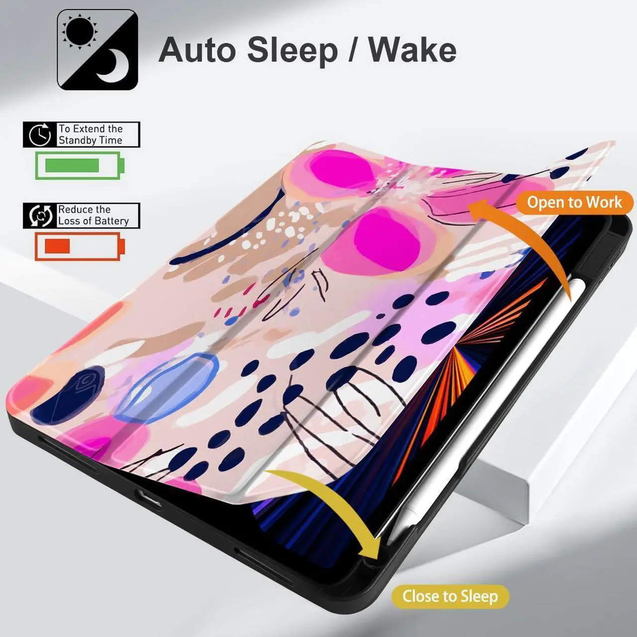 Alt view image 5 of 5 - DONGKE Case for iPad Pro 12.9 inch 6th Generation 2022, Built-in Pencil Holder + Trifold Stand + Auto Wake/Sleep + Protective Cover for iPad Pro 12.9 5th/4th/3rd Gen - Floral Artistic
