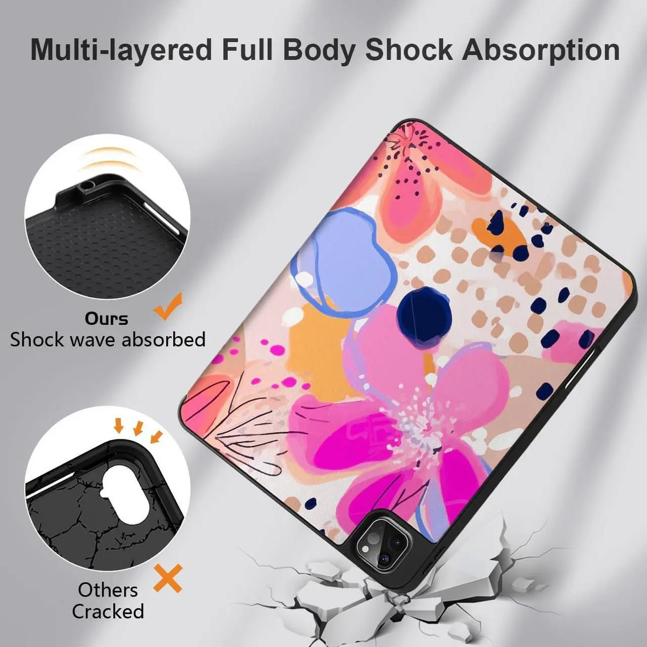 Alt view image 4 of 5 - DONGKE Case for iPad Pro 12.9 inch 6th Generation 2022, Built-in Pencil Holder + Trifold Stand + Auto Wake/Sleep + Protective Cover for iPad Pro 12.9 5th/4th/3rd Gen - Floral Artistic