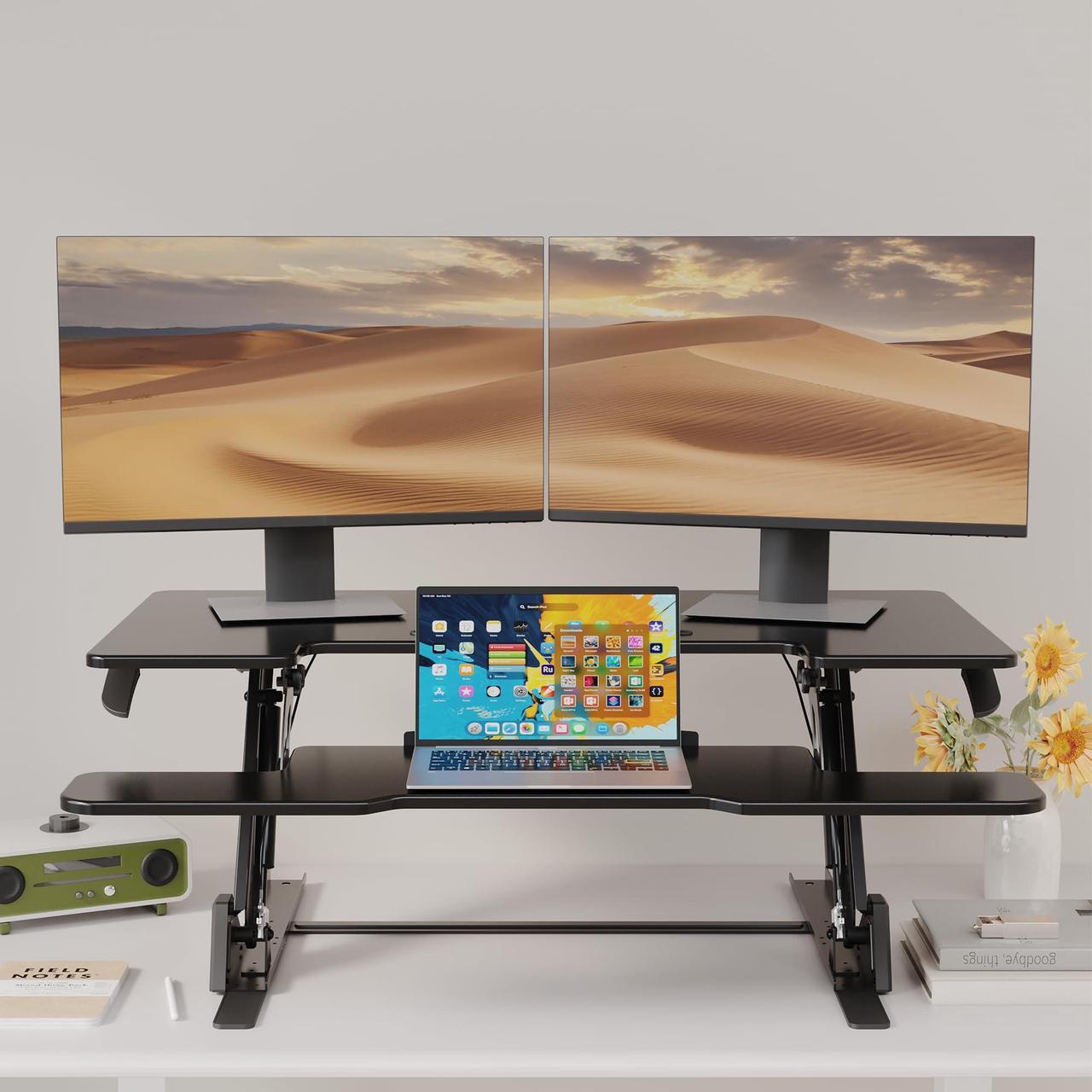 Alt view image 2 of 5 - BONTEC Standing Desk Converter w/Dual Gas Spring, Height Adjustable for Dual Monitor Workstation (42")