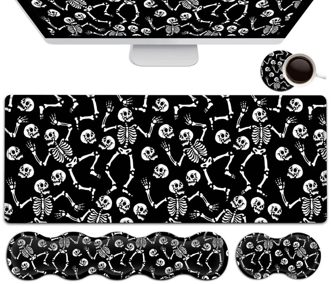 Main image of Gaming Mouse Pad Set, Large Mouse Pad and Memory Foam Keyboard Wrist Support,Extended Office Desk Mat Ergonomic Wrist Rest Easy Typing Pain Relief Writing Mat Dancing Skeleton Pattern Black Mouse Pad