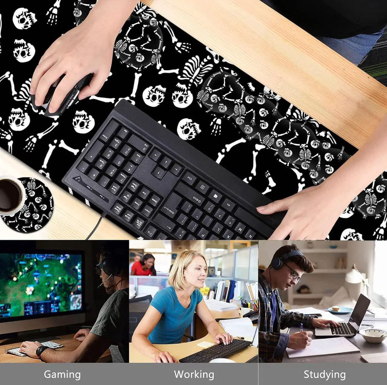 Alt view image 2 of 5 - Gaming Mouse Pad Set, Large Mouse Pad and Memory Foam Keyboard Wrist Support,Extended Office Desk Mat Ergonomic Wrist Rest Easy Typing Pain Relief Writing Mat Dancing Skeleton Pattern Black Mouse Pad