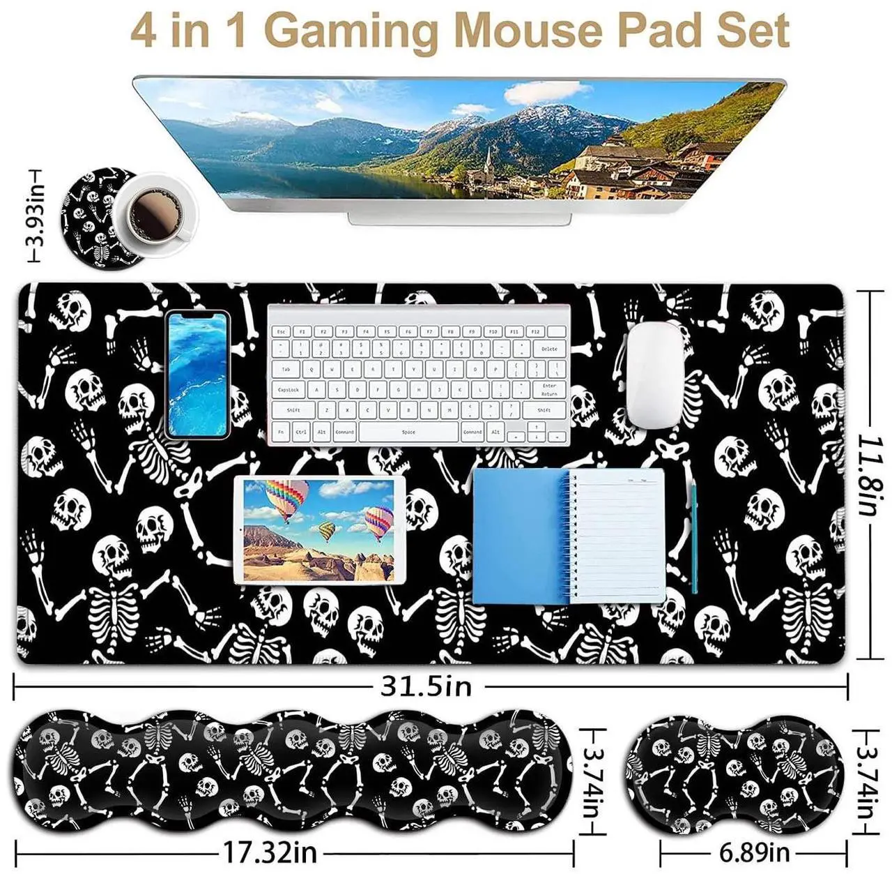 Alt view image 3 of 5 - Gaming Mouse Pad Set, Large Mouse Pad and Memory Foam Keyboard Wrist Support,Extended Office Desk Mat Ergonomic Wrist Rest Easy Typing Pain Relief Writing Mat Dancing Skeleton Pattern Black Mouse Pad