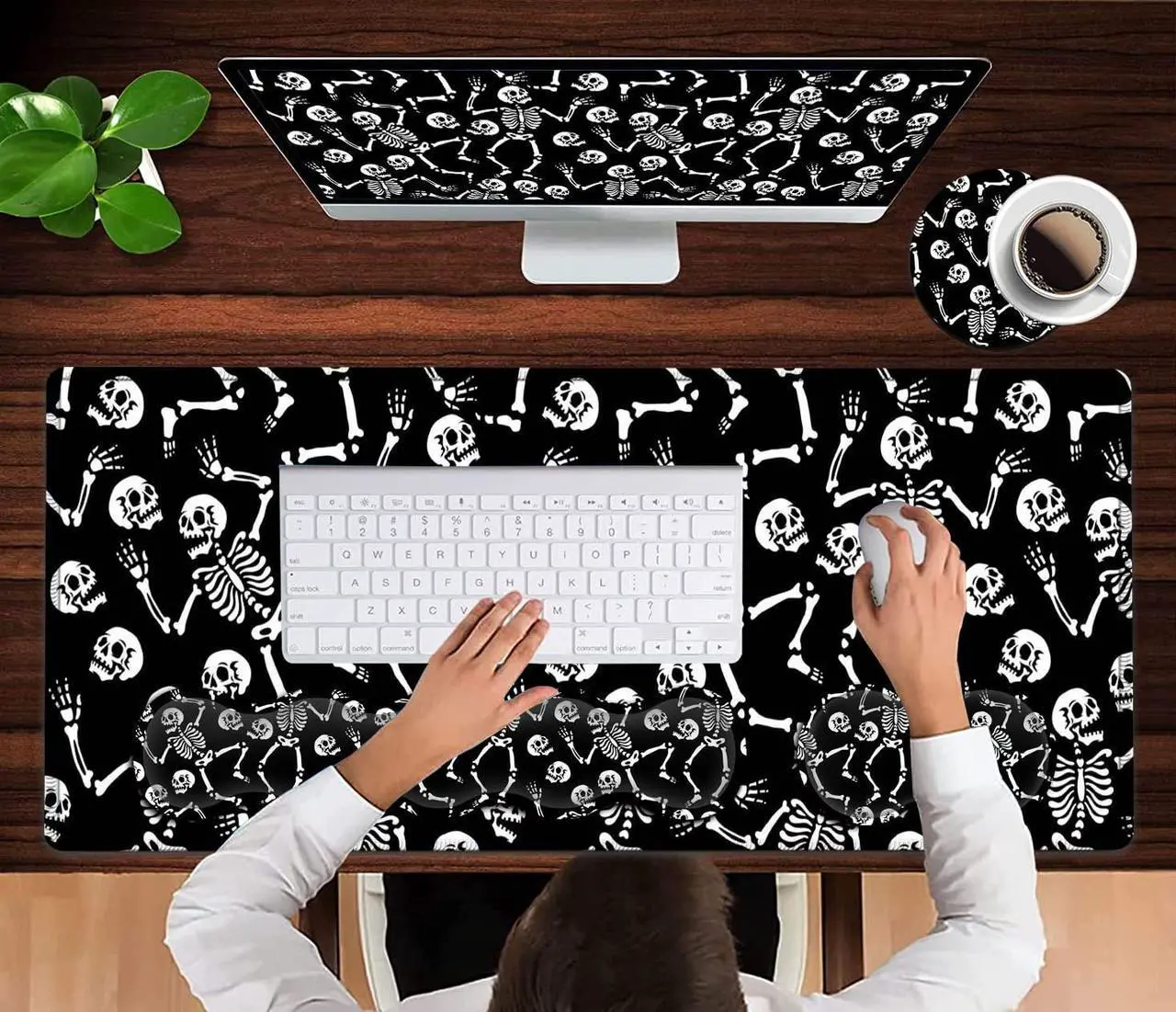 Alt view image 4 of 5 - Gaming Mouse Pad Set, Large Mouse Pad and Memory Foam Keyboard Wrist Support,Extended Office Desk Mat Ergonomic Wrist Rest Easy Typing Pain Relief Writing Mat Dancing Skeleton Pattern Black Mouse Pad
