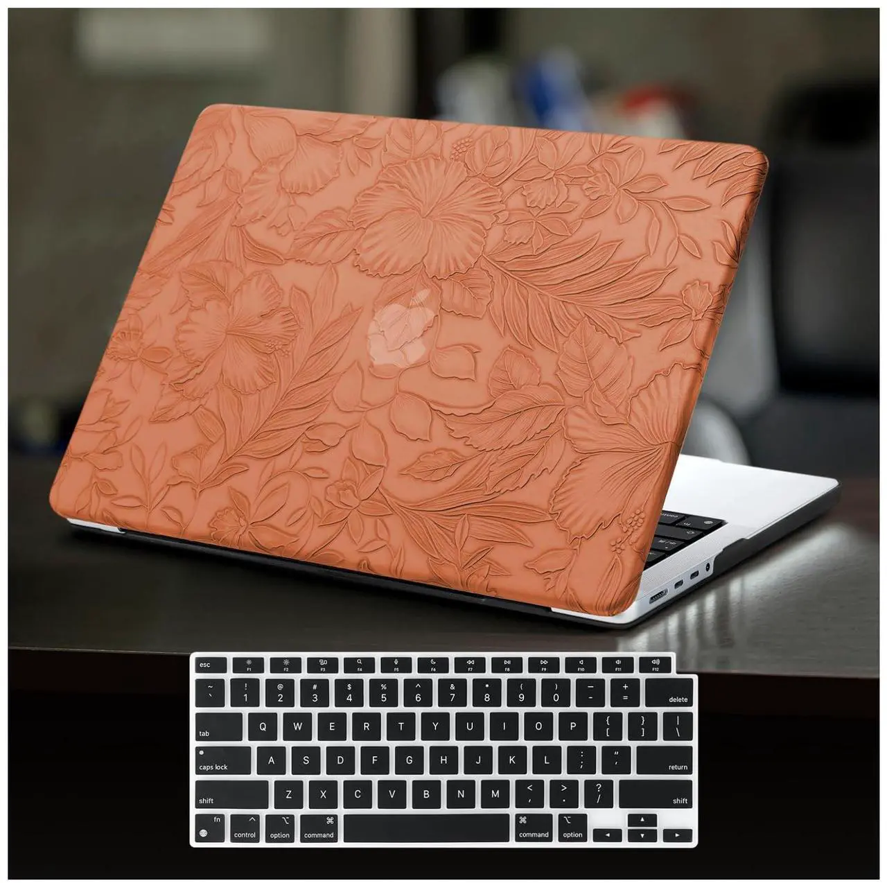 Alt view image 3 of 5 - DTangLsm for MacBook Pro 16 inch Case 2024-2021 M4 M3 M2 M1 A3403 A3186 A2991 A2780 A2485 Pro Max, Elegant Textured Leather Hard Shell Case for MacBook Pro 16" + Keyboard Cover, Embossed Floral Brown