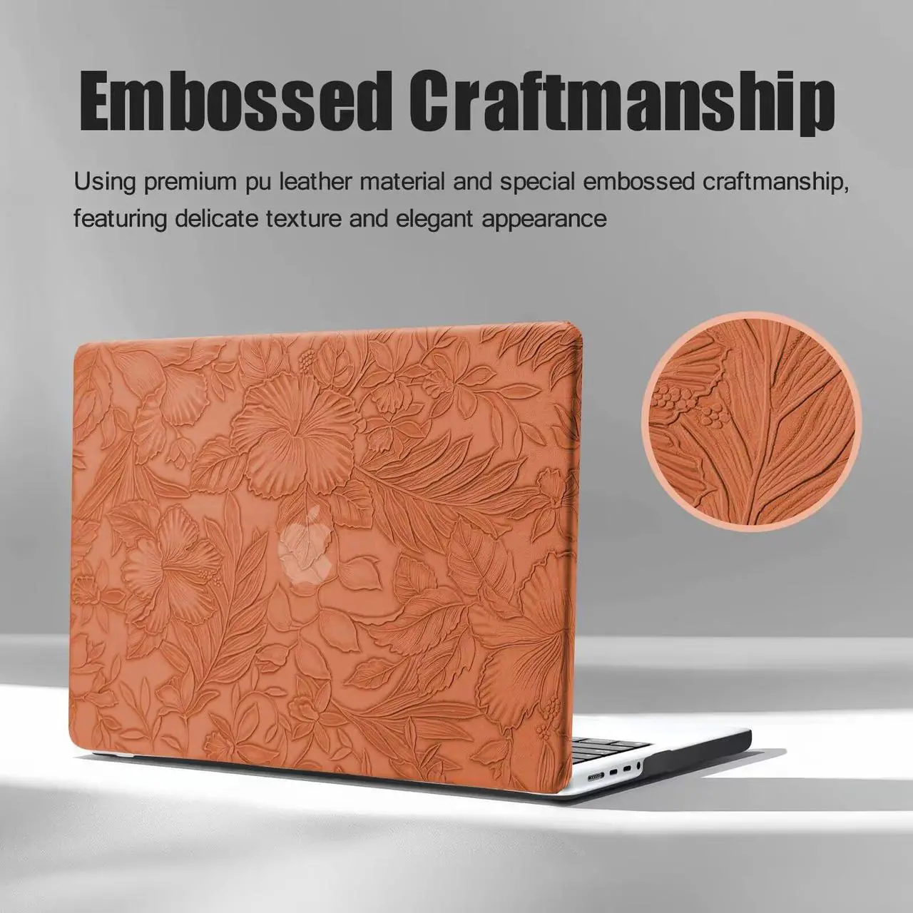 Alt view image 5 of 5 - DTangLsm for MacBook Pro 16 inch Case 2024-2021 M4 M3 M2 M1 A3403 A3186 A2991 A2780 A2485 Pro Max, Elegant Textured Leather Hard Shell Case for MacBook Pro 16" + Keyboard Cover, Embossed Floral Brown