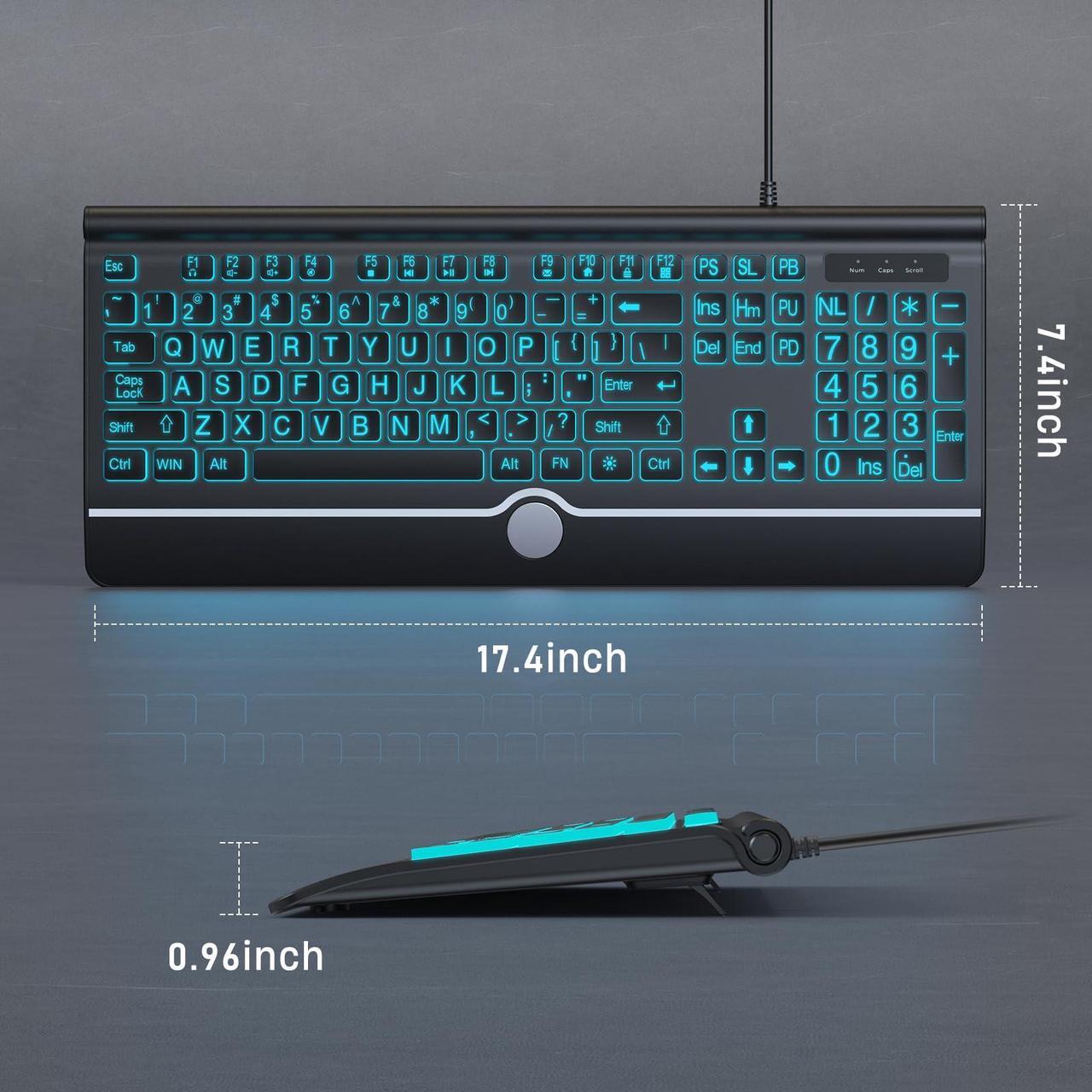 Alt view image 2 of 5 - Large Print Backlit Computer Keyboard, 7-Color Backlit Keyboard with Wrist Rest, USB Plug-and-Play, Oversize Letters Keys Easy to See and Type, Wired Light Up Keyboards for Laptop, PC, Gaming