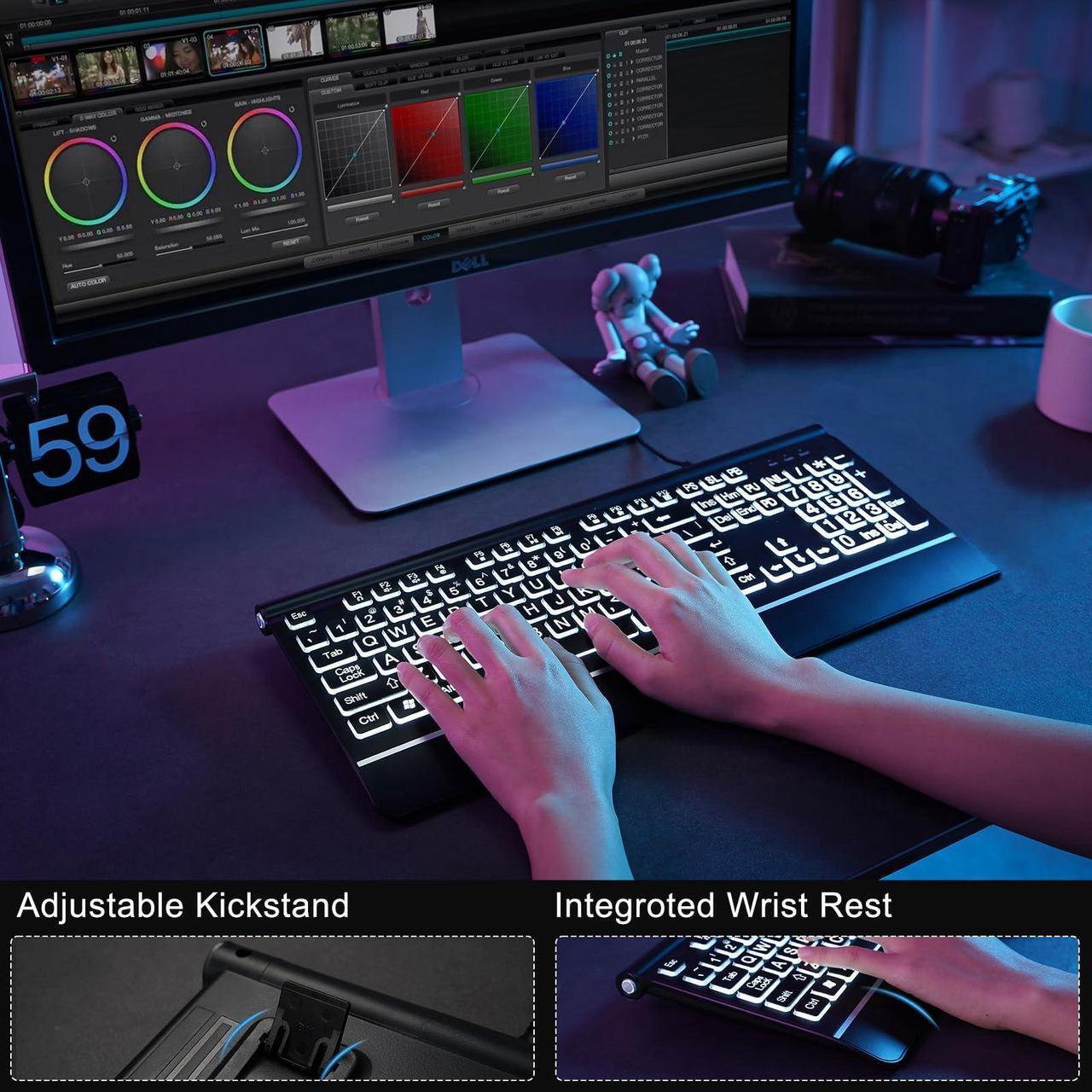 Alt view image 5 of 5 - Large Print Backlit Computer Keyboard, 7-Color Backlit Keyboard with Wrist Rest, USB Plug-and-Play, Oversize Letters Keys Easy to See and Type, Wired Light Up Keyboards for Laptop, PC, Gaming