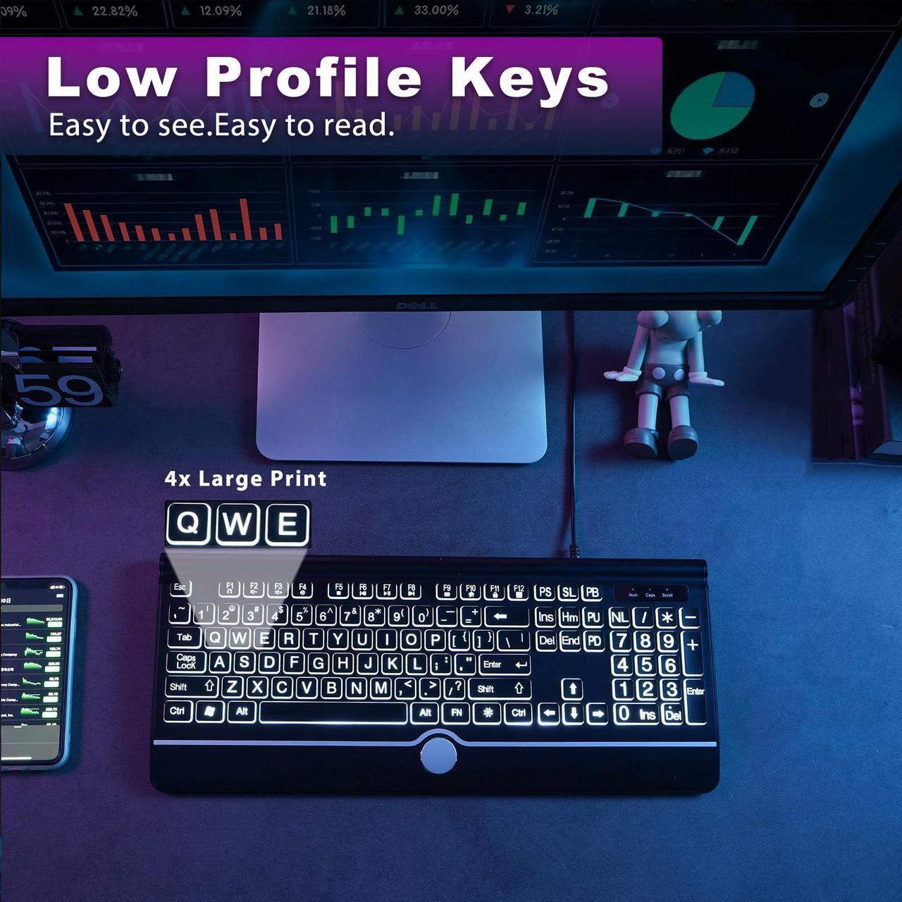 Alt view image 3 of 5 - Large Print Backlit Computer Keyboard, 7-Color Backlit Keyboard with Wrist Rest, USB Plug-and-Play, Oversize Letters Keys Easy to See and Type, Wired Light Up Keyboards for Laptop, PC, Gaming