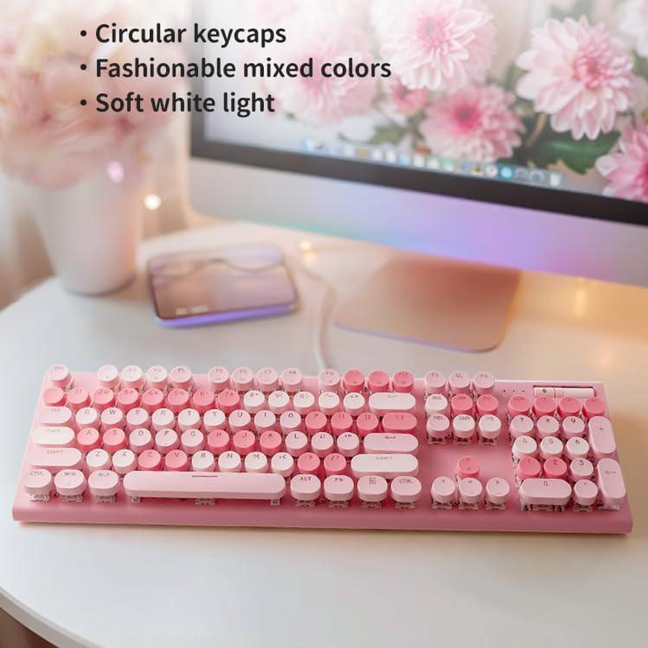 Alt view image 2 of 5 - guismous Cute Pink Keyboard Wired, with White Backlit Typewriter, Volume Knob, Light Switch Button, and Foldable Stands, Full Size with Number Pad for Computer PC Lapto