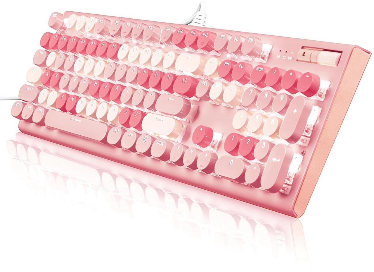 Main image of guismous Cute Pink Keyboard Wired, with White Backlit Typewriter, Volume Knob, Light Switch Button, and Foldable Stands, Full Size with Number Pad for Computer PC Lapto