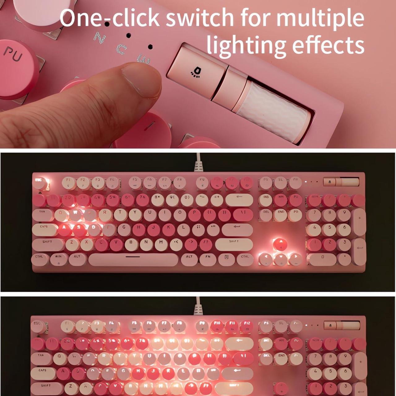 Alt view image 4 of 5 - guismous Cute Pink Keyboard Wired, with White Backlit Typewriter, Volume Knob, Light Switch Button, and Foldable Stands, Full Size with Number Pad for Computer PC Lapto