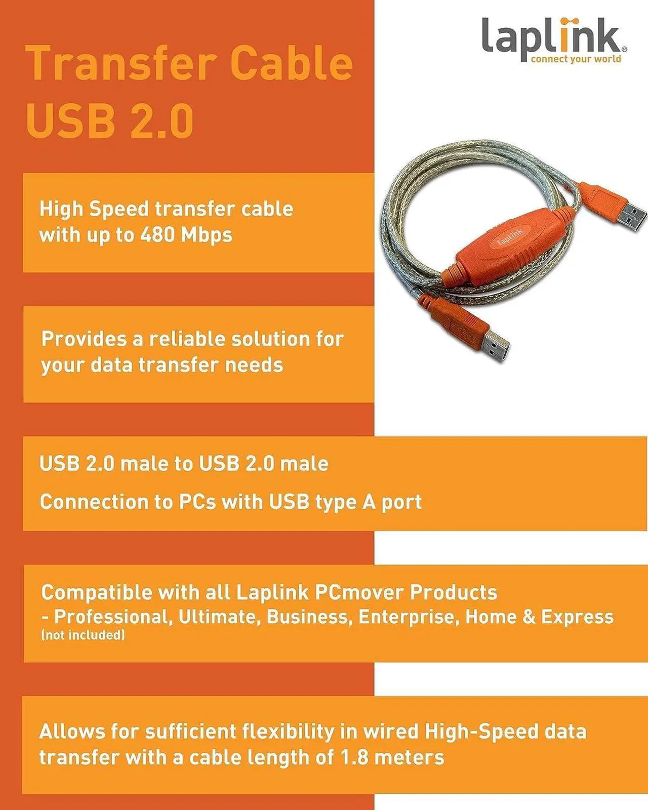 Alt view image 2 of 3 - LAPLINK - USB 2.0 High Speed Transfer Cable - USB Data Transfer Cable PC to PC - Compatible with PCmover Migration Software (not Included) - High-Speed Data Transfers up to 480 Mbps - 6 ft