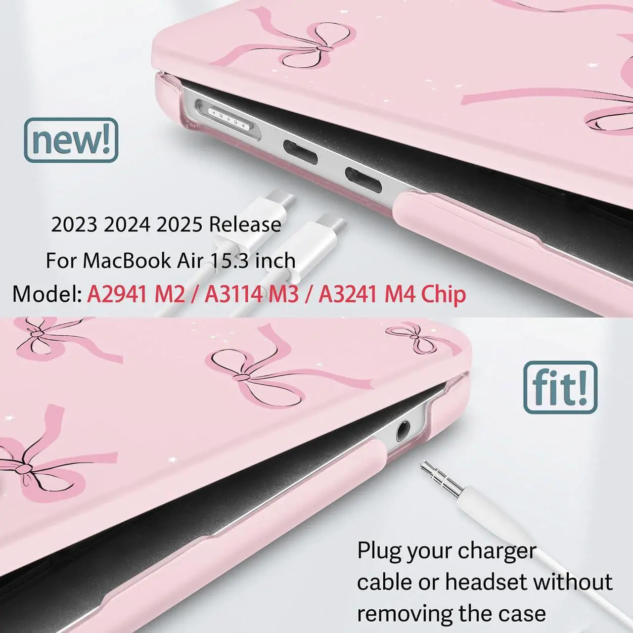 Alt view image 3 of 5 - May Chen for M4 MacBook Air 15 inch Case A3241 A3114 M3 A2941 M2 2025 2024 2023 Release, Plastic Hard Shell for MacBook Air 15.3" with Retina Dispaly Fits Touch ID, Chalk Pink Bow