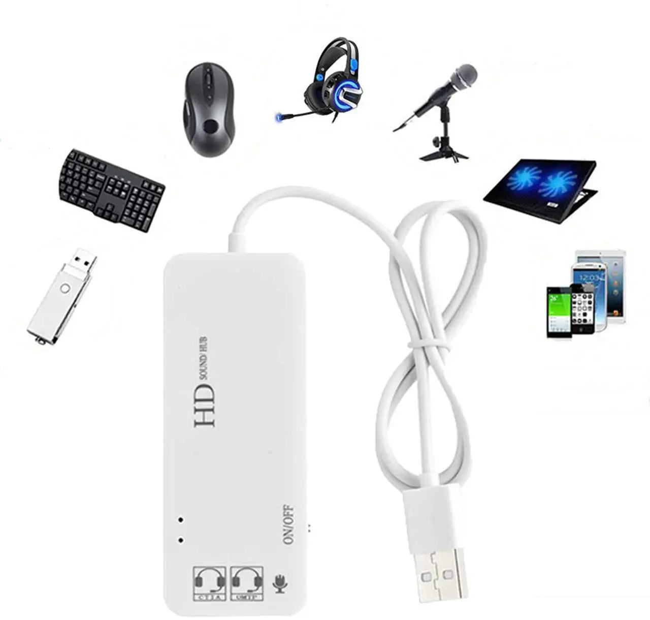 Main image of PEIYUI USB Hubs Audio Adapter External Stereo Sound Card with 3.5mm Headphone & Microphone and USB Jack for Windows, Mac, Linux, PC, Laptops, Desktops, PS4 Computer External USB (6-in-1, White)