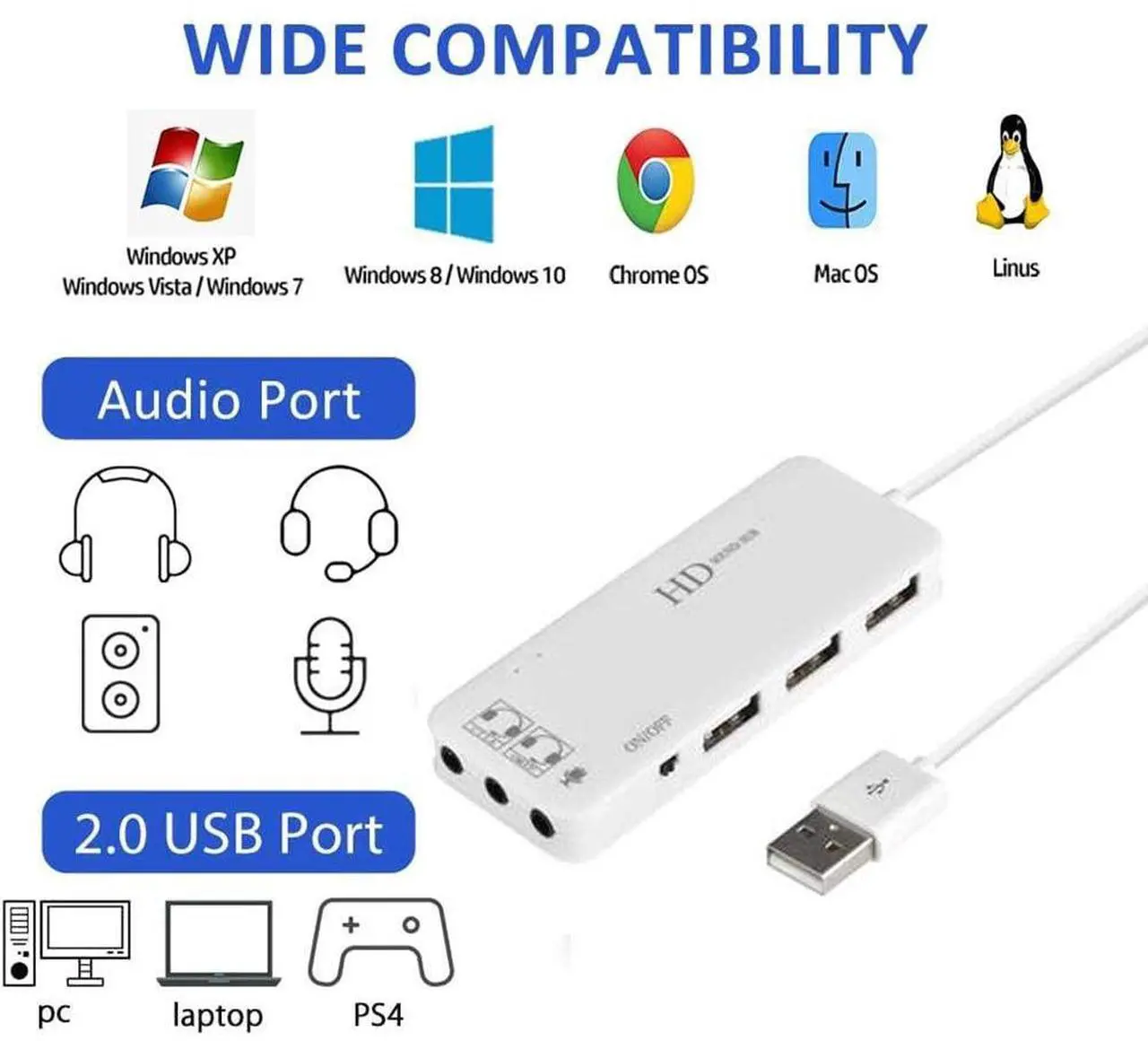 Alt view image 3 of 5 - PEIYUI USB Hubs Audio Adapter External Stereo Sound Card with 3.5mm Headphone & Microphone and USB Jack for Windows, Mac, Linux, PC, Laptops, Desktops, PS4 Computer External USB (6-in-1, White)