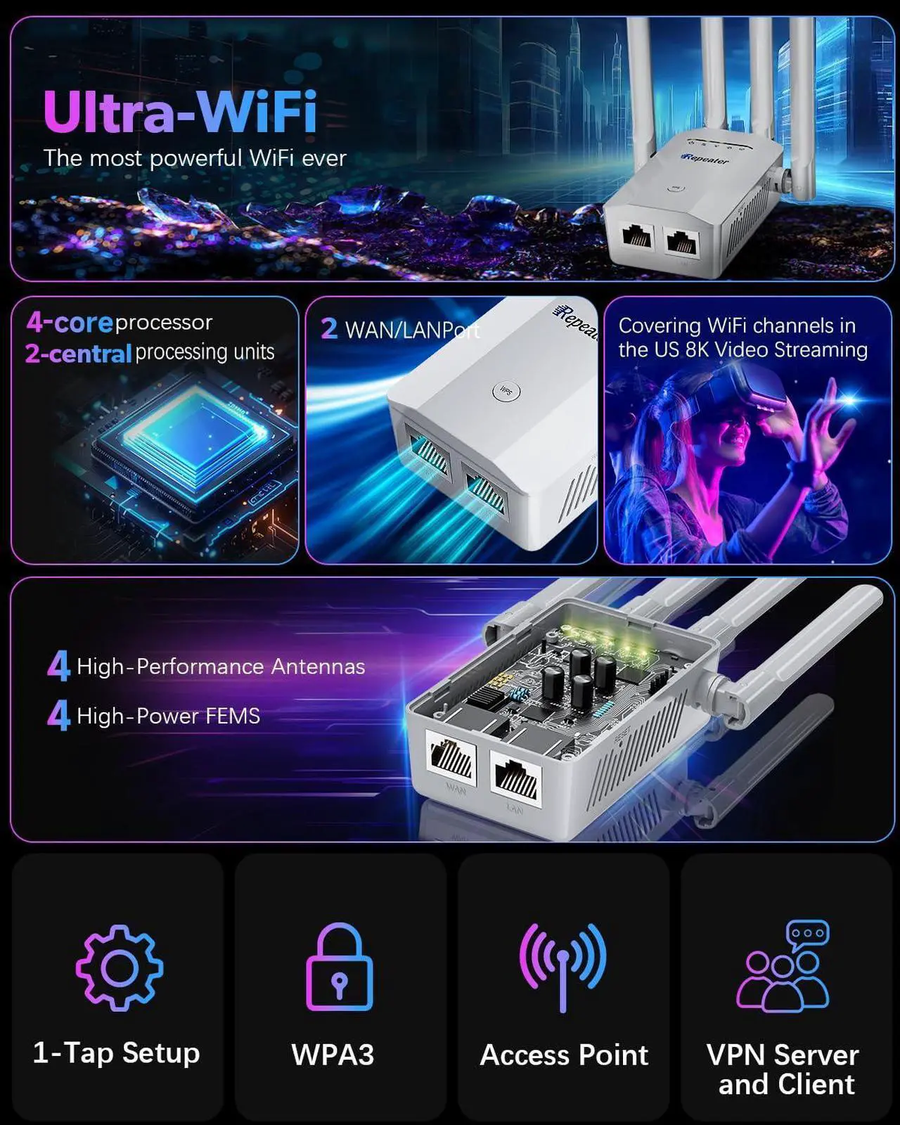Alt view image 4 of 5 - 2025 New WiFi Extender Signal Booster, Wireless Internet Repeater Routers with Ethernet Port, 1-Tap Setup