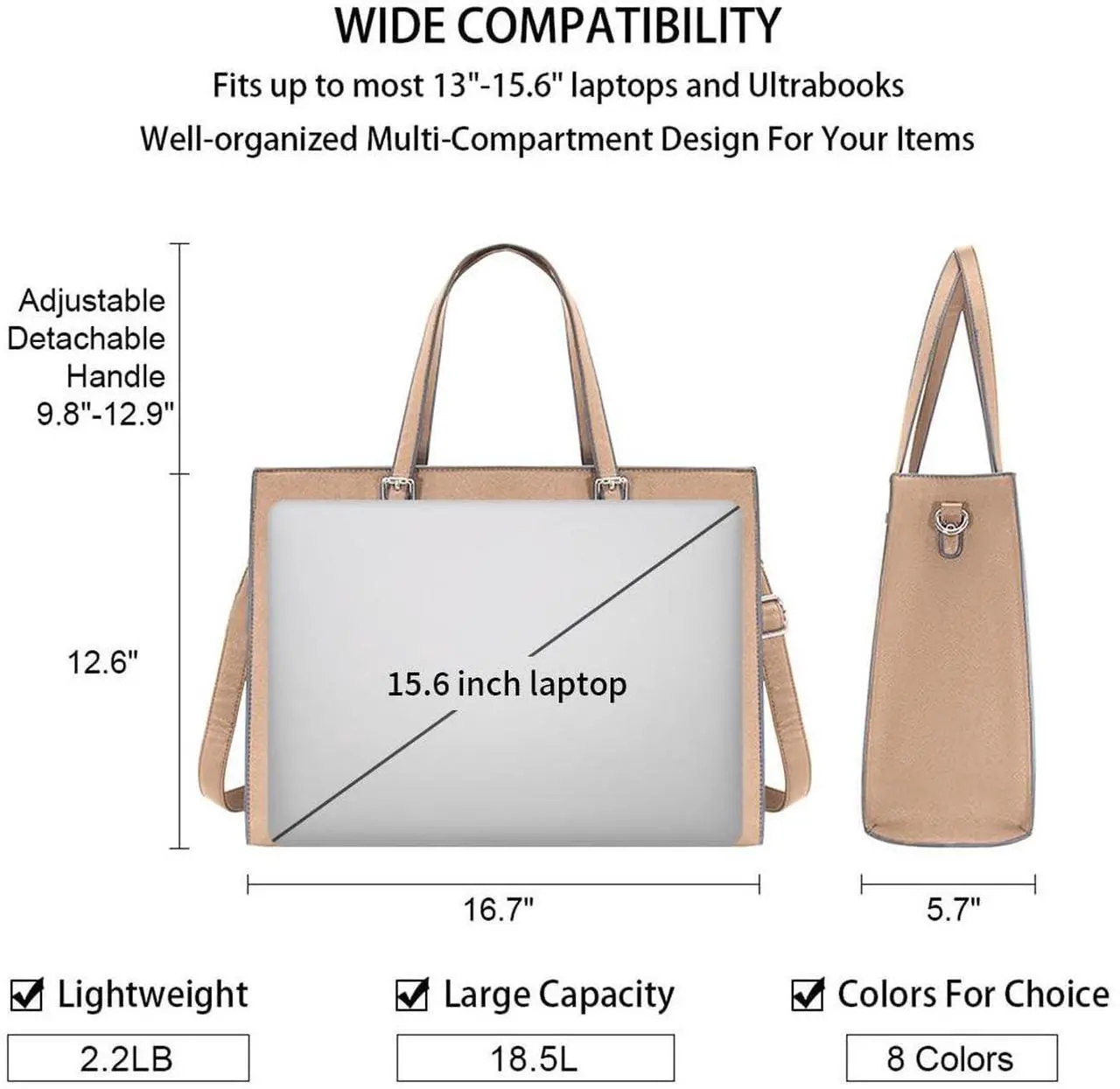 Alt view image 3 of 5 - Laptop Bag for Women Waterproof Lightweight Leather 15.6 Inch Computer Tote Bag Business Office Briefcase Large Capacity Handbag Shoulder Bag Professional Office Work Bag Khaki