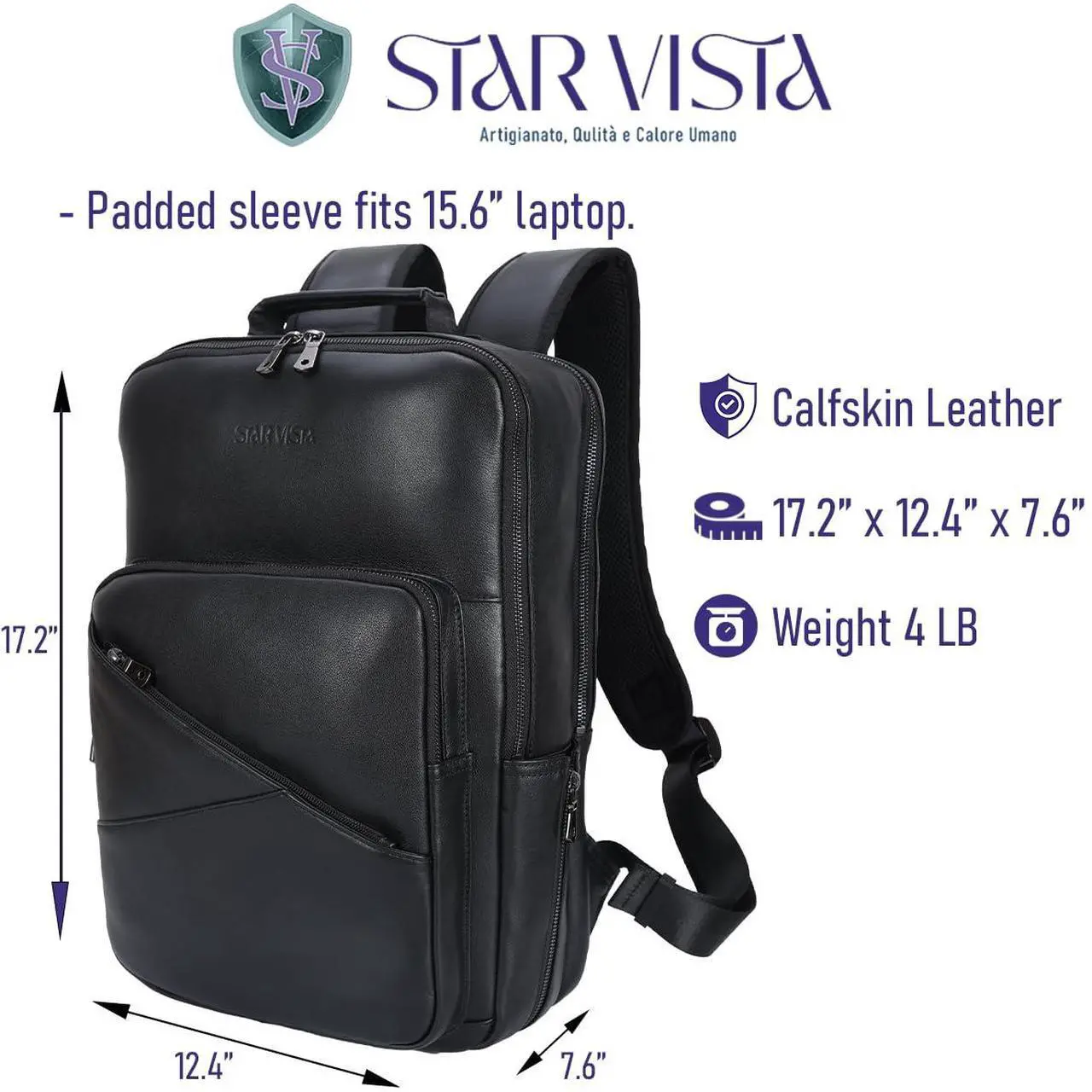 Alt view image 2 of 5 - STAR VISTA 15.6" Trajan Premium Calfskin Leather Laptop Backpack for Men, Multi Pockets, Business Travel Bag, Casual Outdoor Rucksack, YKK Zippers, Black