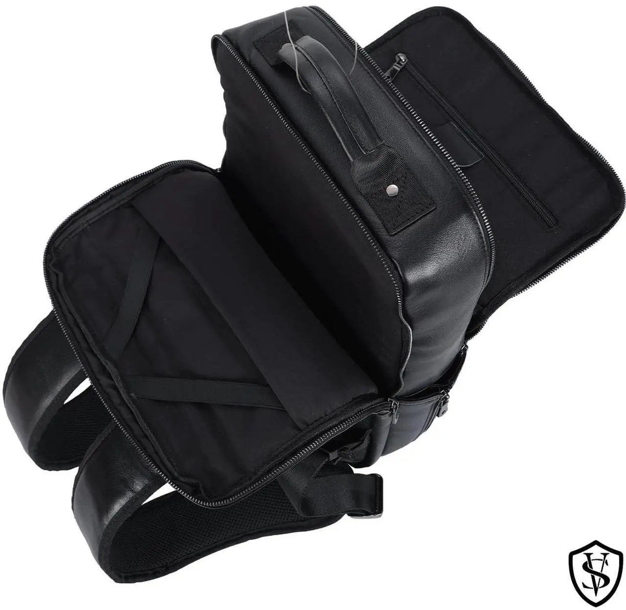 Alt view image 3 of 5 - STAR VISTA 15.6" Trajan Premium Calfskin Leather Laptop Backpack for Men, Multi Pockets, Business Travel Bag, Casual Outdoor Rucksack, YKK Zippers, Black