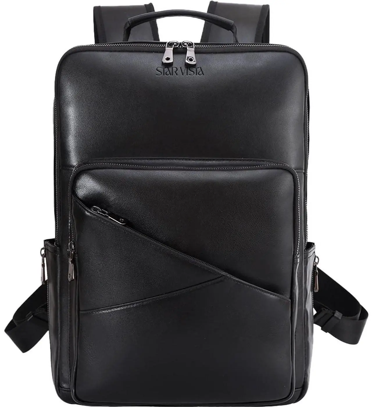 Main image of STAR VISTA 15.6" Trajan Premium Calfskin Leather Laptop Backpack for Men, Multi Pockets, Business Travel Bag, Casual Outdoor Rucksack, YKK Zippers, Black