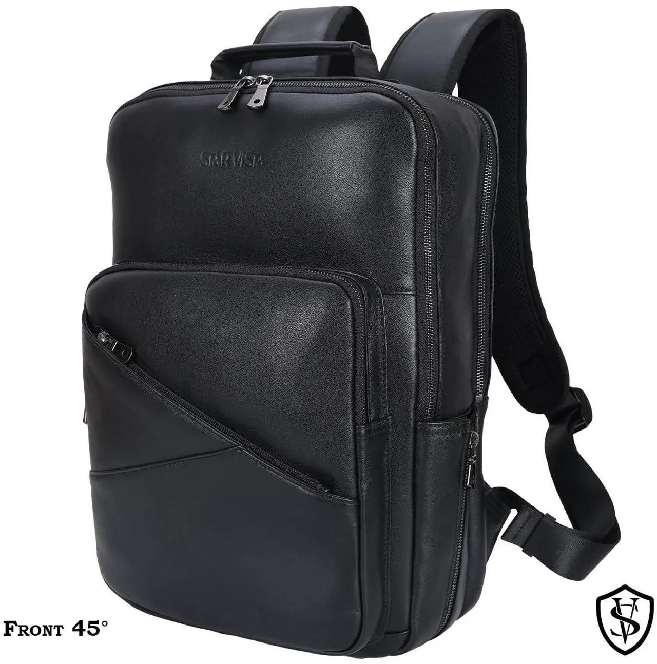 Alt view image 4 of 5 - STAR VISTA 15.6" Trajan Premium Calfskin Leather Laptop Backpack for Men, Multi Pockets, Business Travel Bag, Casual Outdoor Rucksack, YKK Zippers, Black
