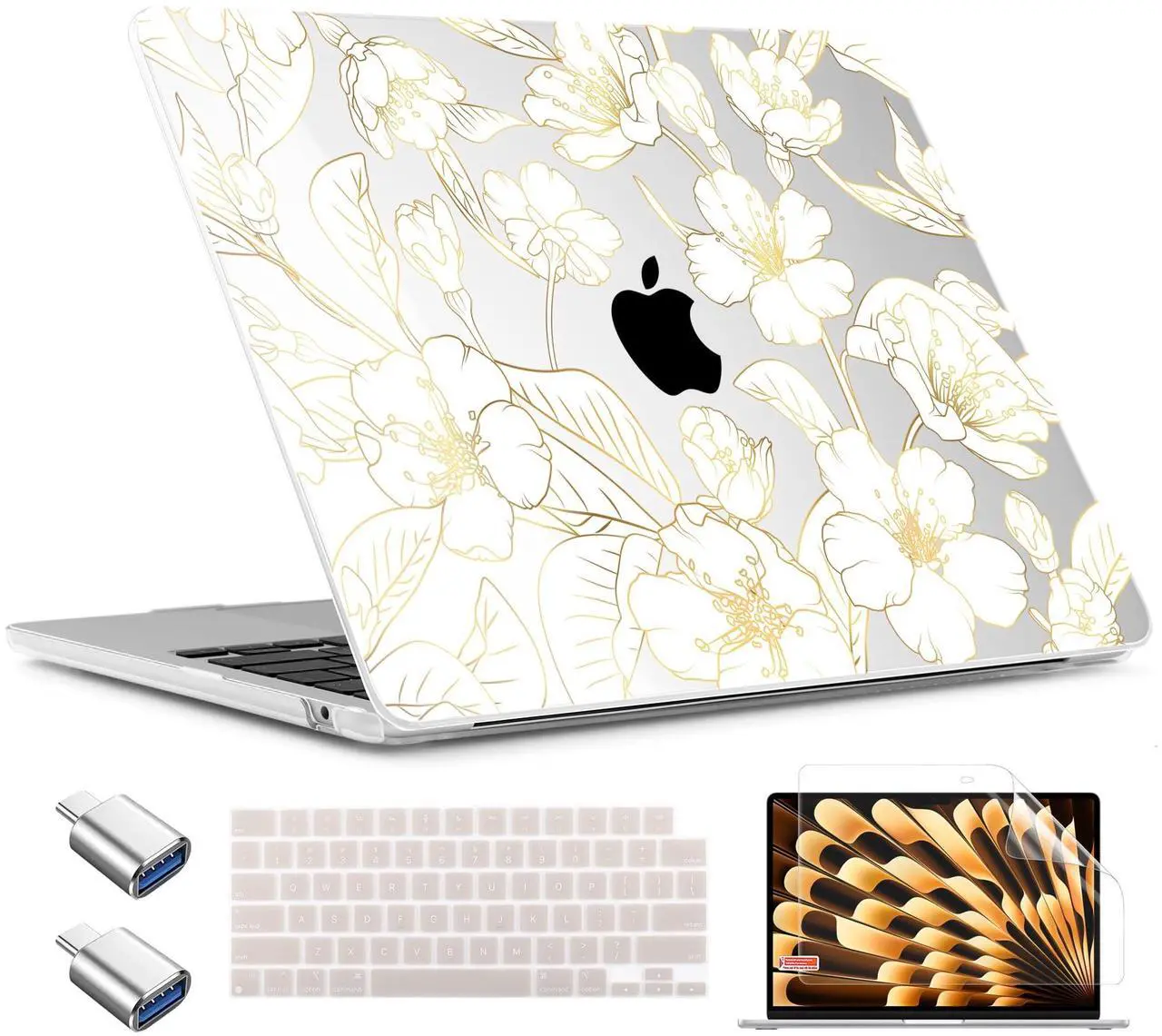 Main image of TWOLSKOO Compatible with M4 MacBook Air 13.6 inch Case 2025-2022 Release M4 A3240 M3 A3113 M2 A2681, Plastic Hard Shell & Keyboard Cover & Type C Adapter & Screen Protector, Gold Cherry Blossom