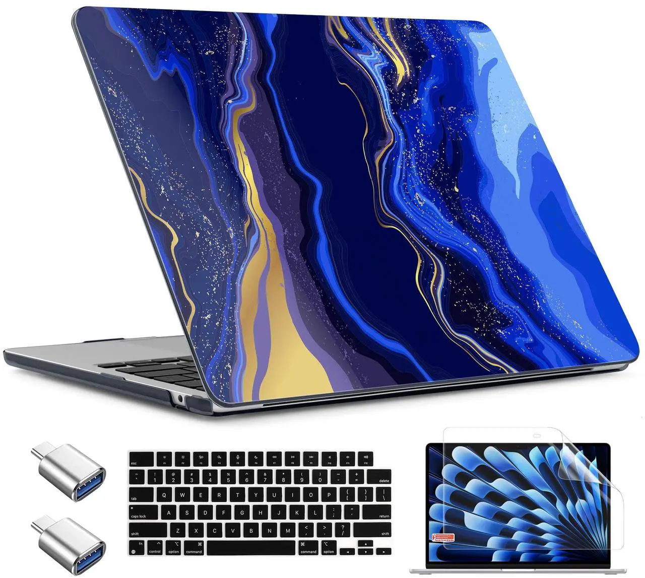 Main image of TWOLSKOO Compatible with M4 MacBook Air 13.6 inch Case 2025-2022 Release M4 A3240 M3 A3113 M2 A2681, Plastic Hard Shell & Keyboard Cover & Type C Adapter & Screen Protector, Abstract Marble