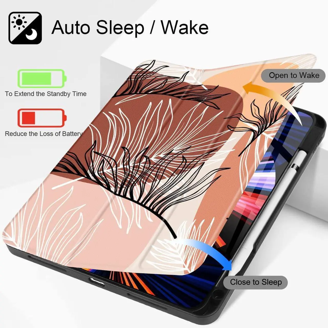 Alt view image 2 of 5 - Tuiklol Case for M2 iPad Pro 12.9 inch Generation 6th/5th/4th/3rd 2022 2021 2020 2018 Release - Built in Pencil Holder Slim Protective Stand Back Cover with Auto Wake/Sleep iPad Cover,Leaf