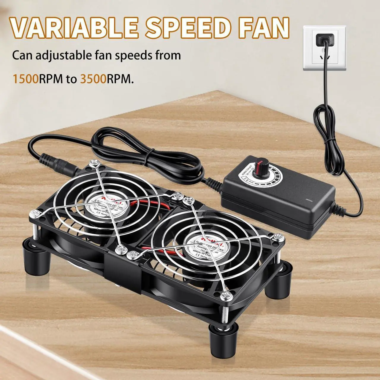 Alt view image 2 of 5 - Wathai 80mm x 25mm Computer Fan with AC Plug, Dual Ball Big Airflow Variable Speed Controller AC 110V 120V 240V for PlayStation Router Laptop PC Receiver DVR Xbox Modem AV Cabinet Electronics Cooling