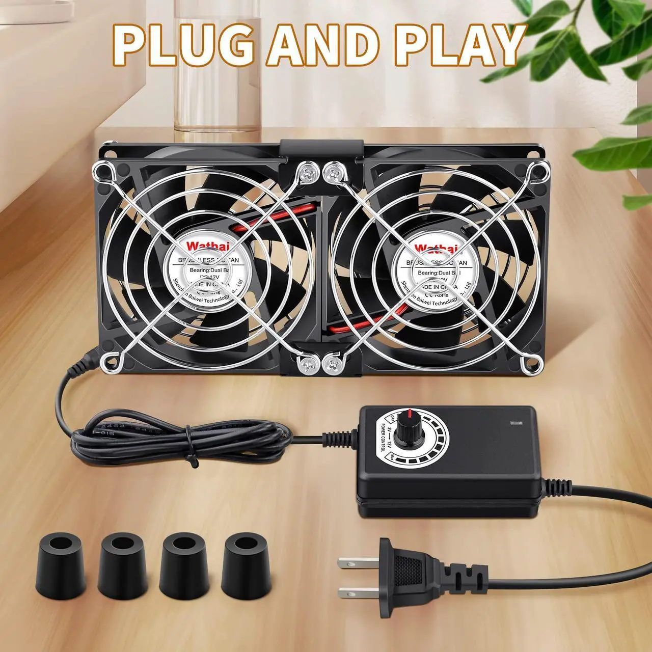 Alt view image 4 of 5 - Wathai 80mm x 25mm Computer Fan with AC Plug, Dual Ball Big Airflow Variable Speed Controller AC 110V 120V 240V for PlayStation Router Laptop PC Receiver DVR Xbox Modem AV Cabinet Electronics Cooling