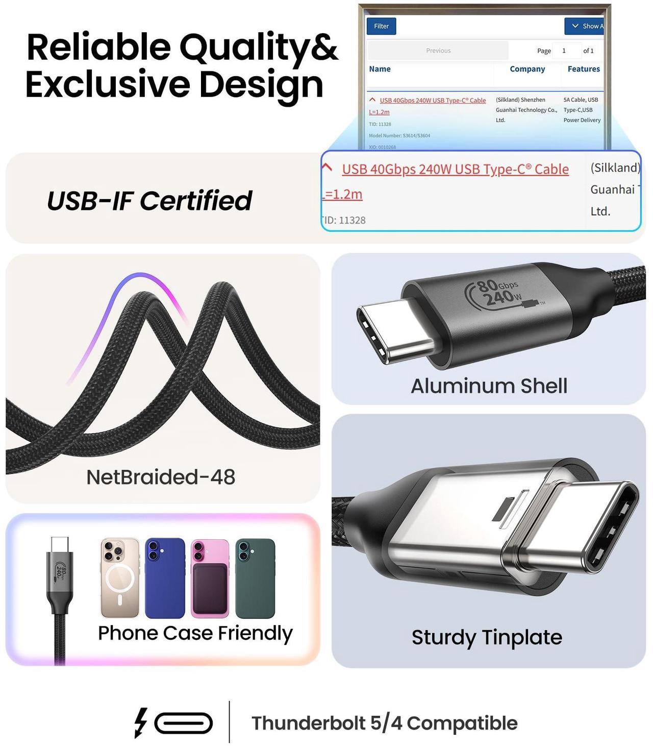 Alt view image 4 of 5 - Silkland 80Gbps USB 4 Cable for Thunderbolt 5 Cable 5FT, [USB-IF Certified] 120Gbps Bandwidth for 16K/Dual 8K, 240W, Braided USB C Video Cable Compatible Thunderbolt 4/5, SSD, MacBook M4 Pro,Dock,eGPU