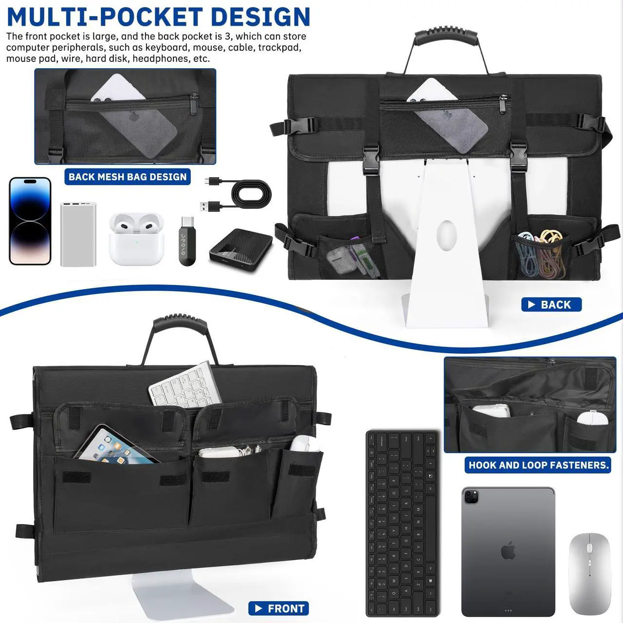 Alt view image 3 of 5 - WELIDAY Monitor Carrying Case for Screens and Monitors, Protective Carrying Case Monitor Dust Cover Compatible with iMac Desktop Computer and Accessories (Black, For 24" Monitor)