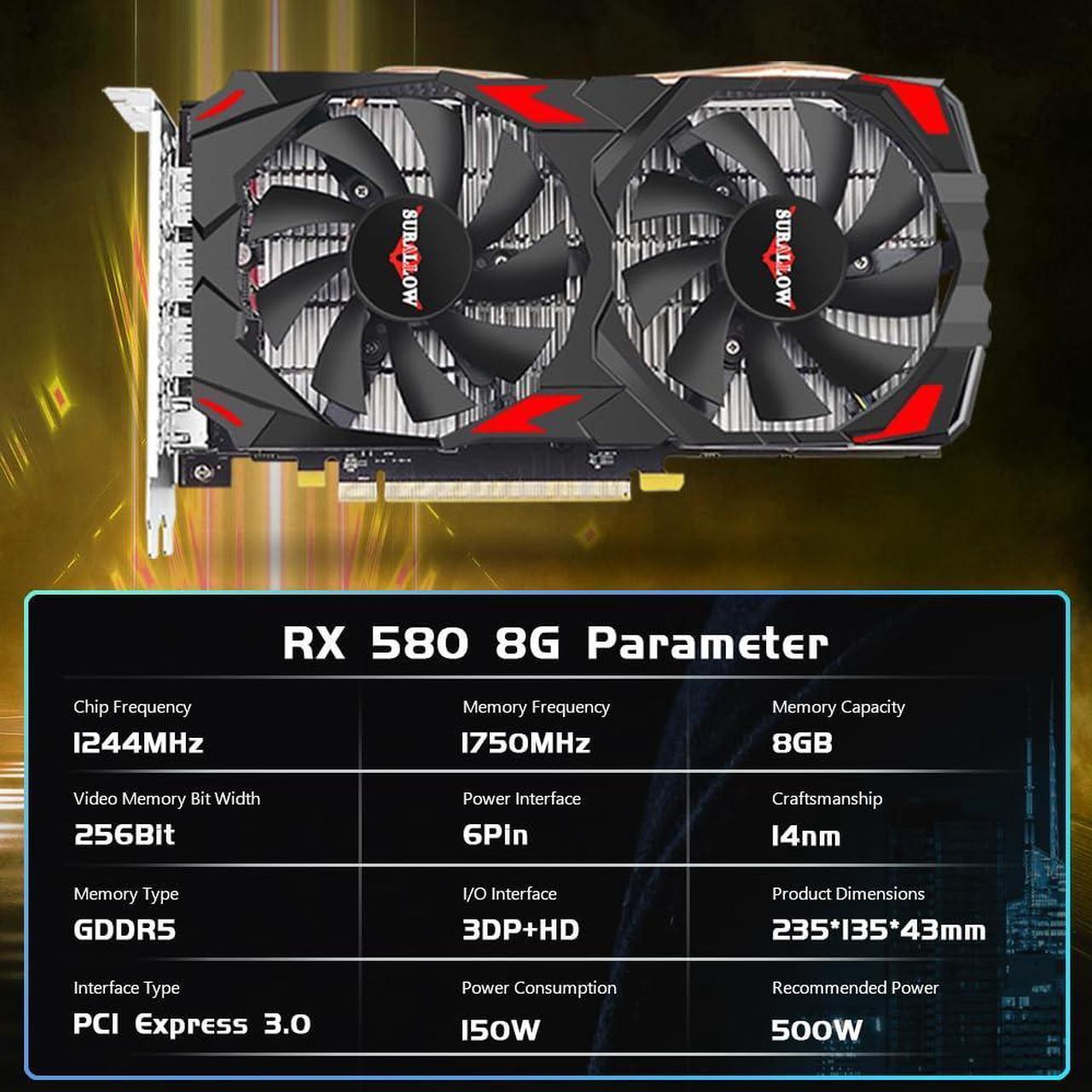Alt view image 2 of 5 - SURALLOW RX 580 8GB Graphics Card, 2048SP,GDDR5,256 Bit Graphics Card for Gaming PC,PCIE 3.0,Twin Freeze Fans Computer Video Card with HDMI/DP/Ports(Style 1)