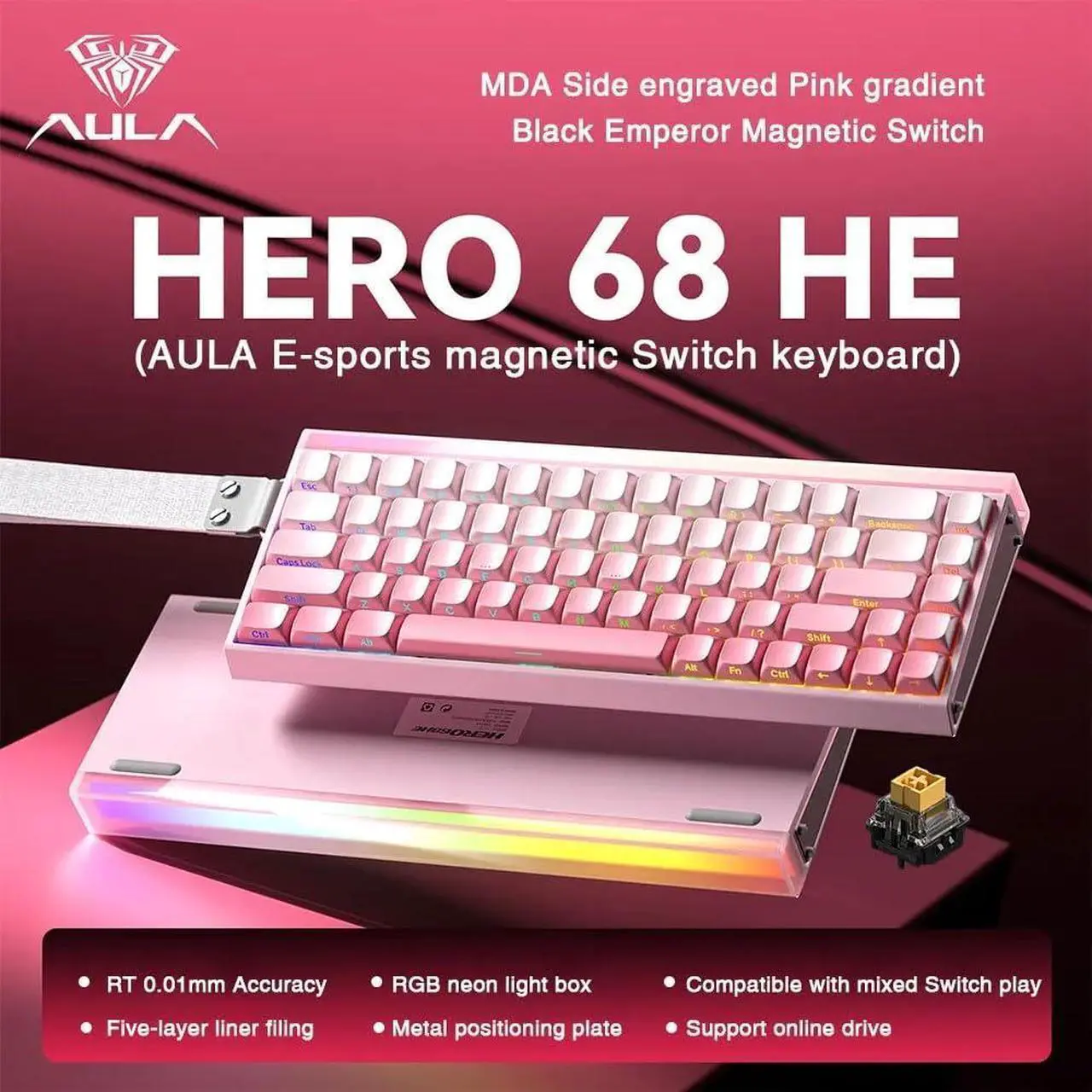 Alt view image 2 of 5 - Aula Hero 68HE Magnetic Switch Gaming Keyboard, 60% Layout Wired Mechanical Keyboard with Adjustable Actuation, RGB Backlit, Side Printed PBT Keycaps, Rapid Trigger Mode, 8K Hz Polling Rate (Pink)