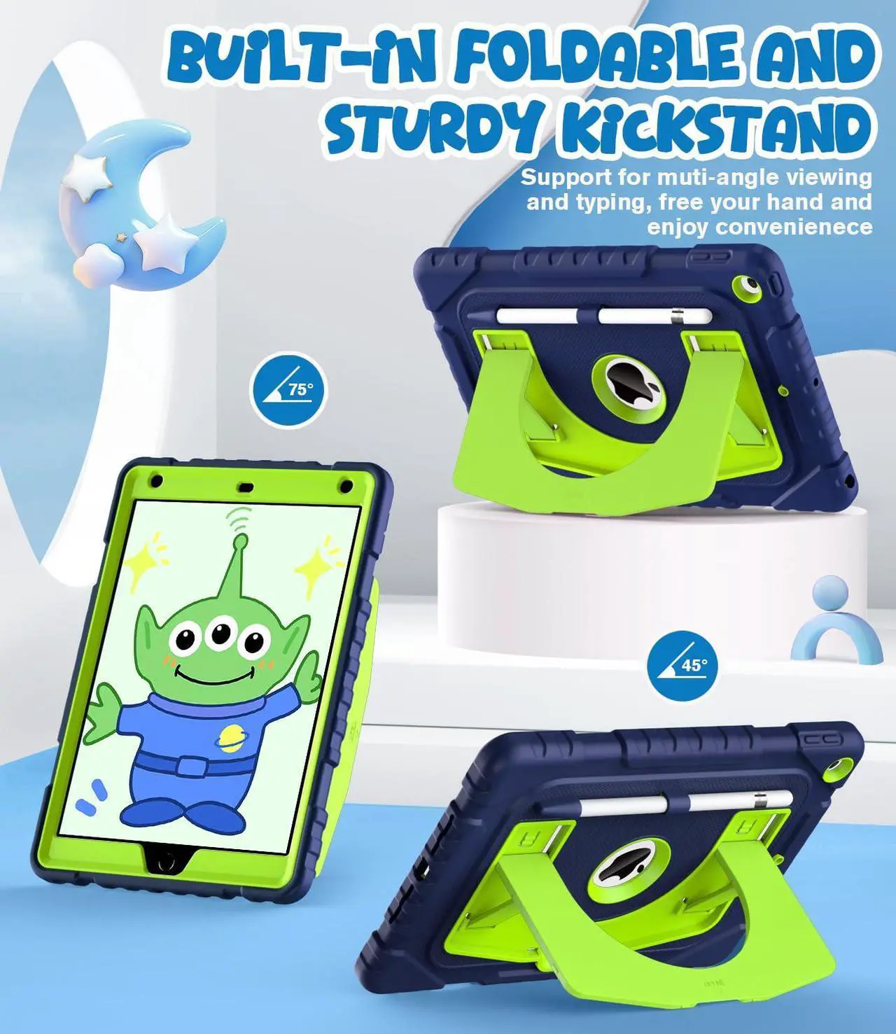 Alt view image 3 of 5 - OKP Kids Case for iPad 9th/ 8th/ 7th Generation 10.2 Inch (2021/2020/2019), Heavy Duty 9 8 7 th Gen iPad Protective Cover with Built-in Kickstand, Pencil Holder for Kids Girls Boys, Navy Blue Green