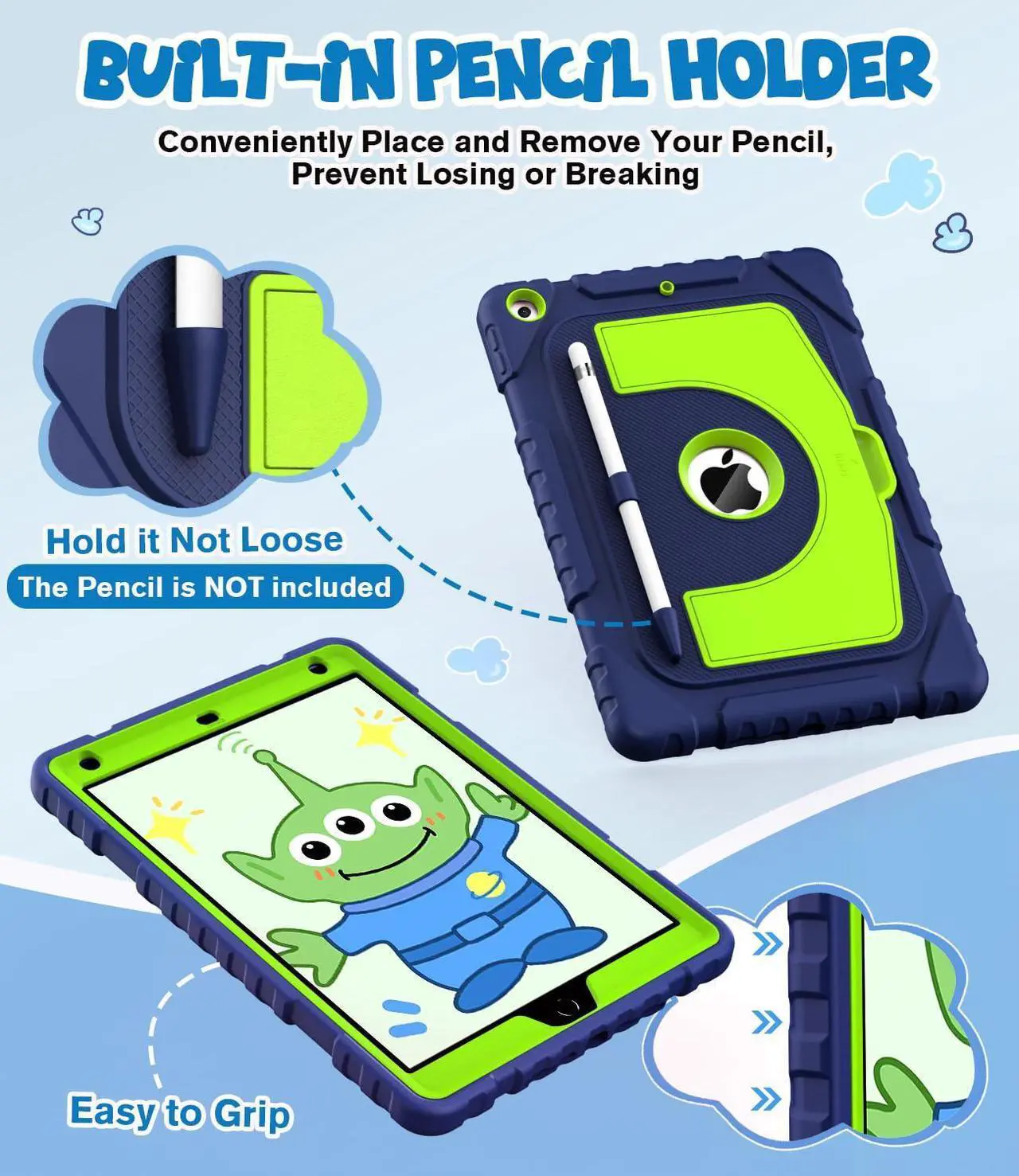 Alt view image 4 of 5 - OKP Kids Case for iPad 9th/ 8th/ 7th Generation 10.2 Inch (2021/2020/2019), Heavy Duty 9 8 7 th Gen iPad Protective Cover with Built-in Kickstand, Pencil Holder for Kids Girls Boys, Navy Blue Green