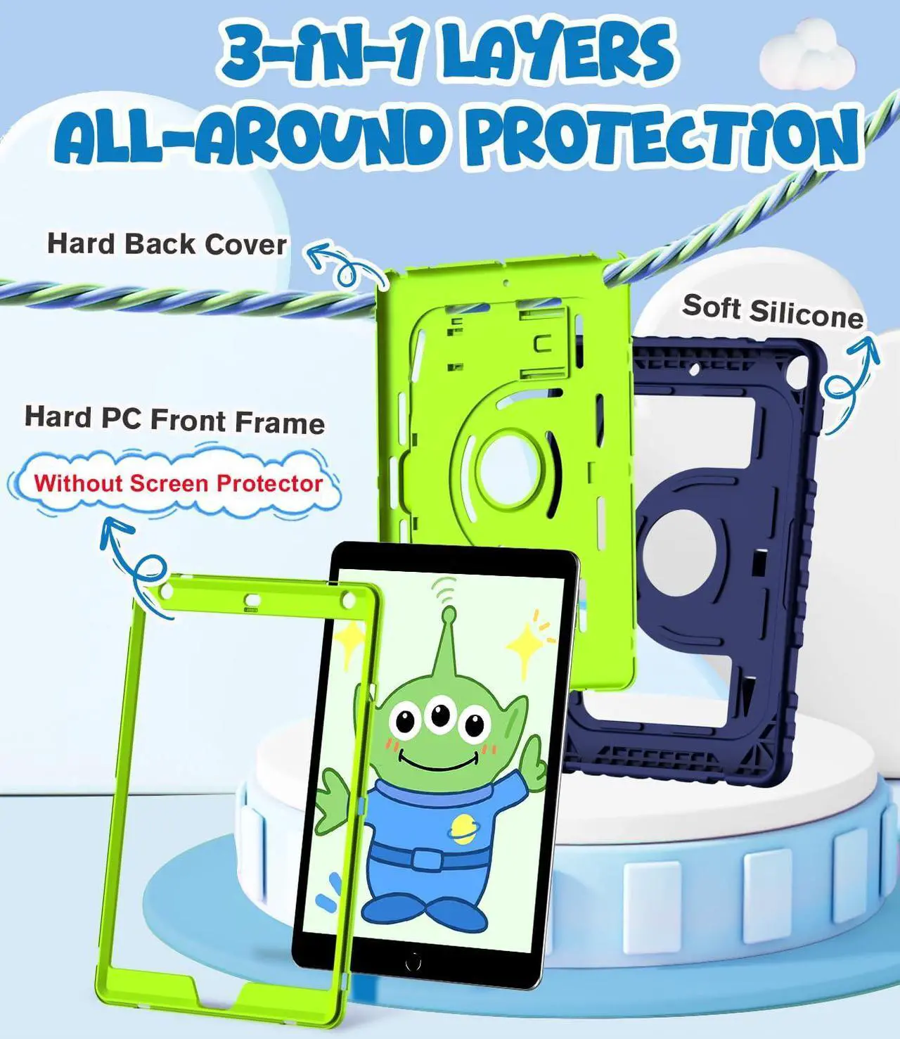 Alt view image 5 of 5 - OKP Kids Case for iPad 9th/ 8th/ 7th Generation 10.2 Inch (2021/2020/2019), Heavy Duty 9 8 7 th Gen iPad Protective Cover with Built-in Kickstand, Pencil Holder for Kids Girls Boys, Navy Blue Green