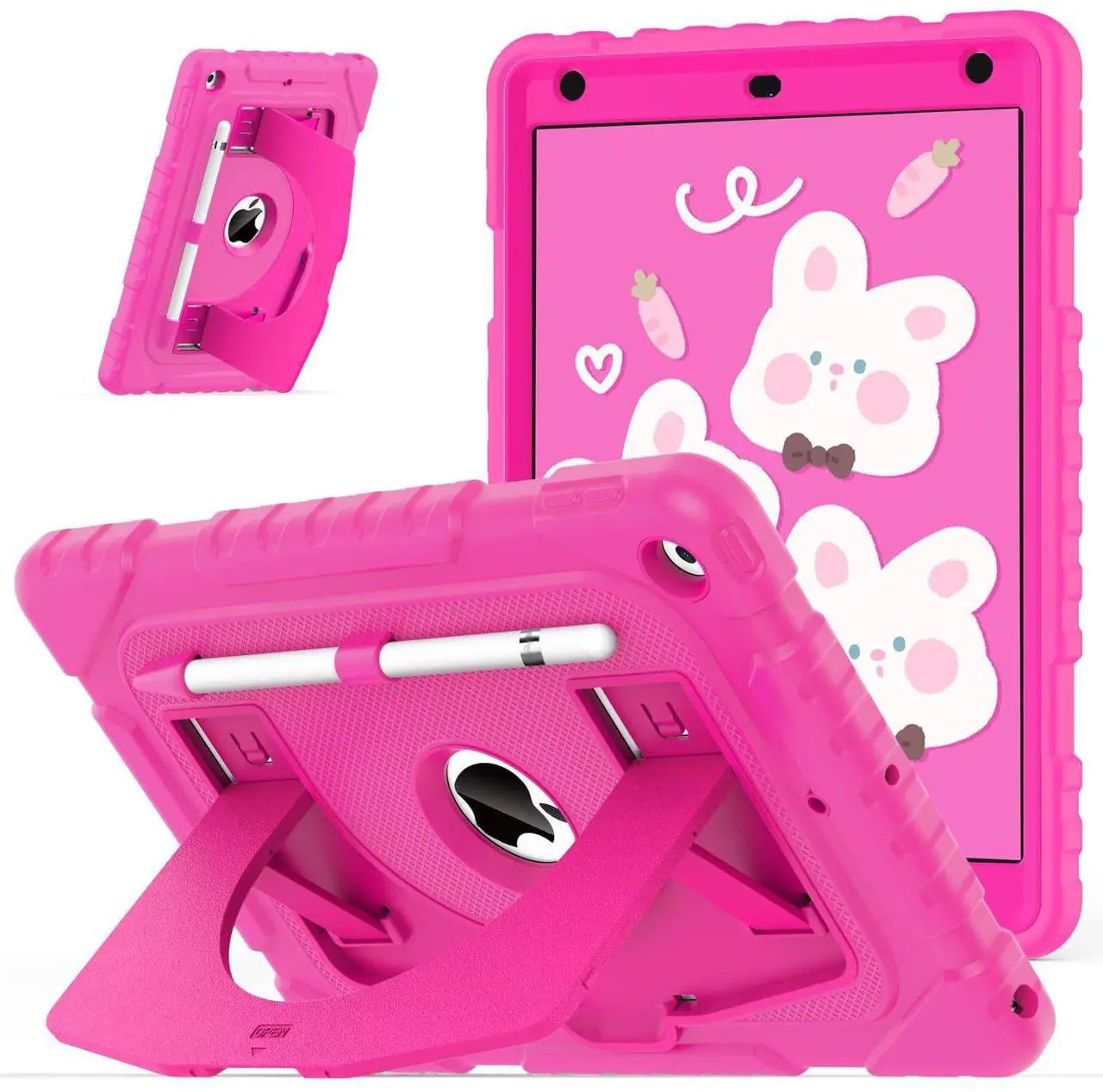 Main image of OKP Kids Case for iPad 9th/ 8th/ 7th Generation 10.2 Inch (2021/2020/2019), Heavy Duty Rugged 9 8 7 th Gen iPad Protective Cover with Built-in Kickstand, Pencil Holder for Kids Girls Boys, Hot Pink