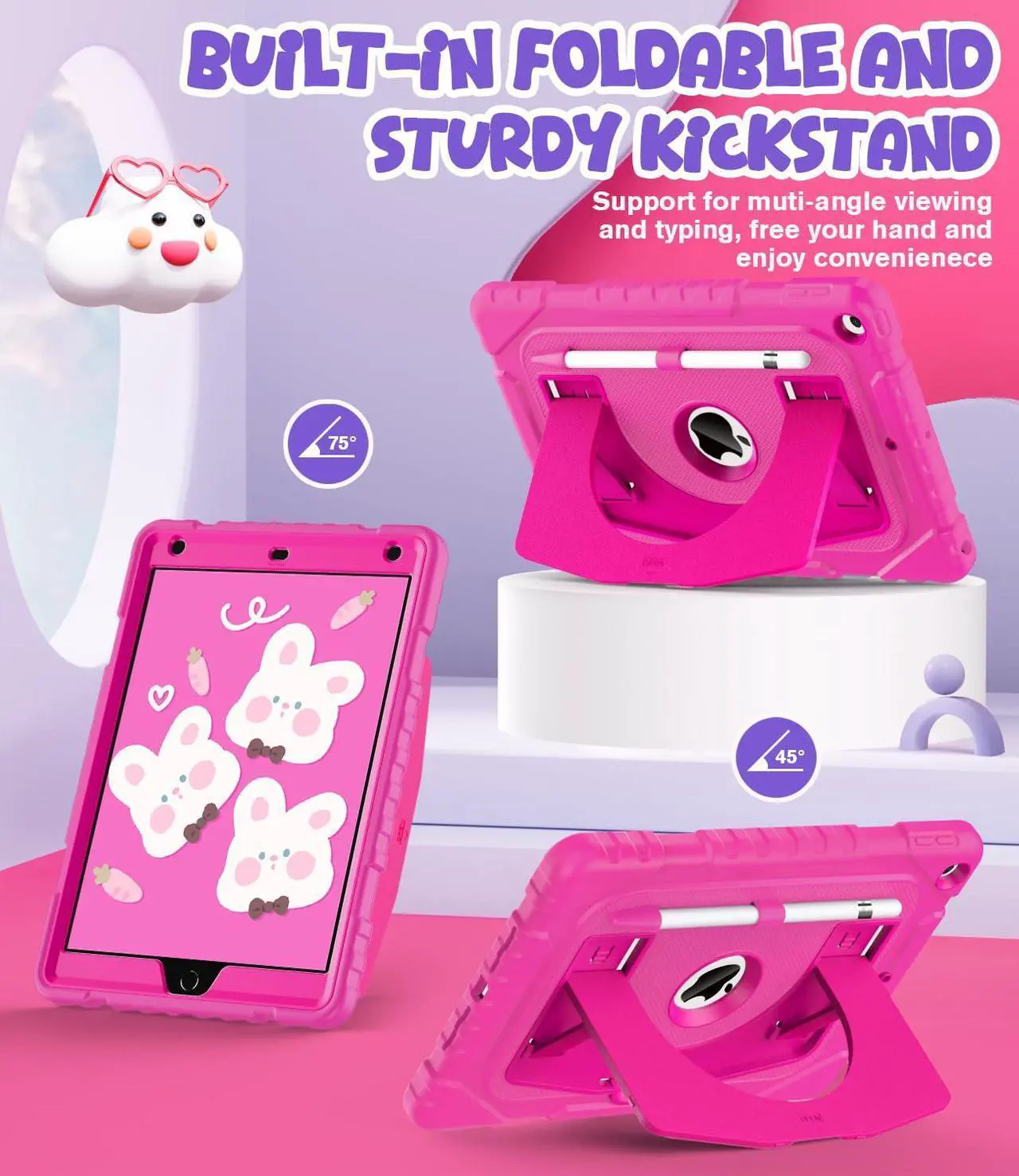 Alt view image 3 of 5 - OKP Kids Case for iPad 9th/ 8th/ 7th Generation 10.2 Inch (2021/2020/2019), Heavy Duty Rugged 9 8 7 th Gen iPad Protective Cover with Built-in Kickstand, Pencil Holder for Kids Girls Boys, Hot Pink
