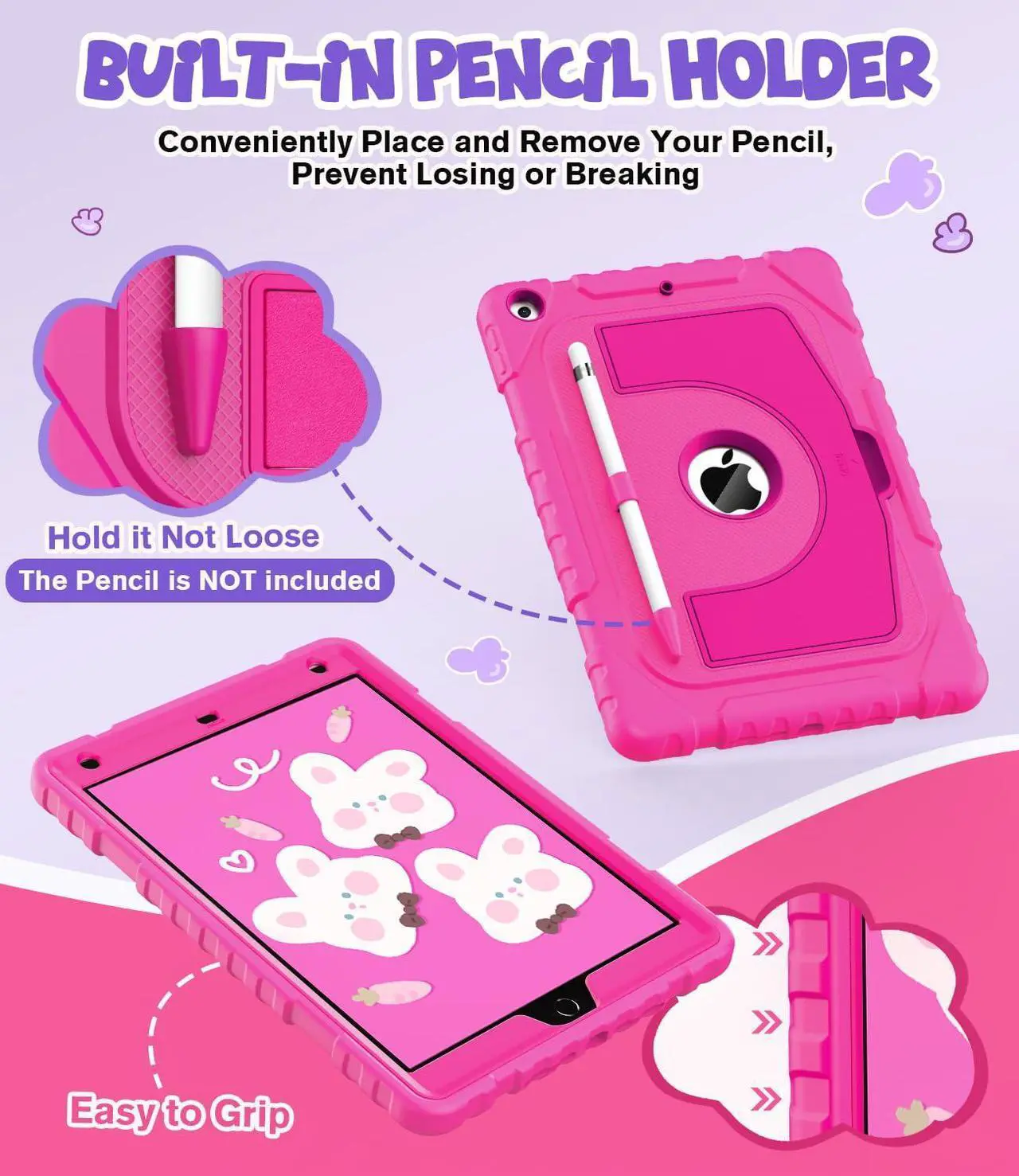 Alt view image 4 of 5 - OKP Kids Case for iPad 9th/ 8th/ 7th Generation 10.2 Inch (2021/2020/2019), Heavy Duty Rugged 9 8 7 th Gen iPad Protective Cover with Built-in Kickstand, Pencil Holder for Kids Girls Boys, Hot Pink